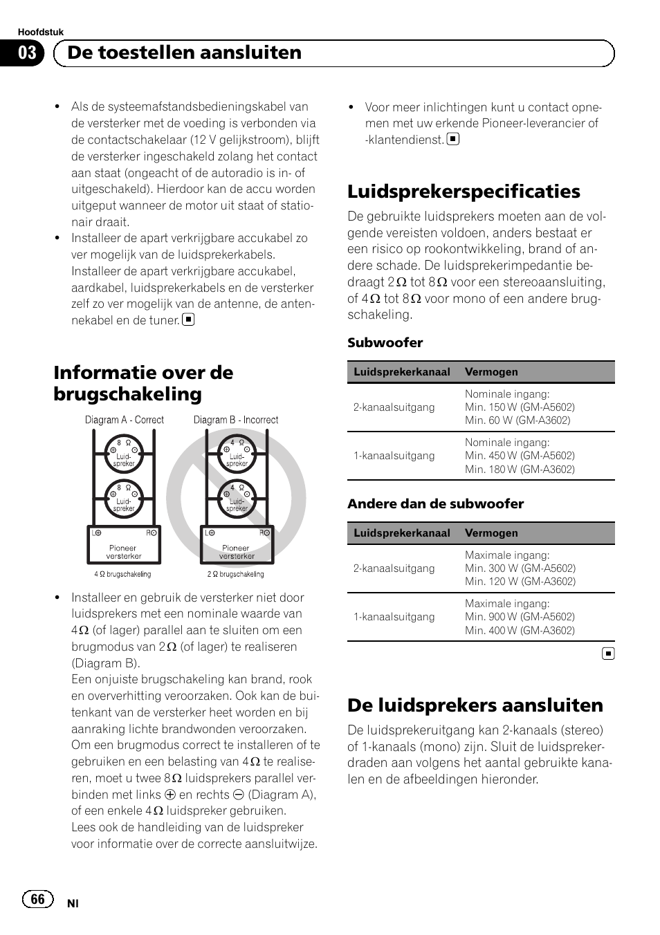 Informatie over de brugschakeling, Luidsprekerspecificaties, De luidsprekers aansluiten | 03 de toestellen aansluiten | Pioneer GM-A5602 User Manual | Page 66 / 92