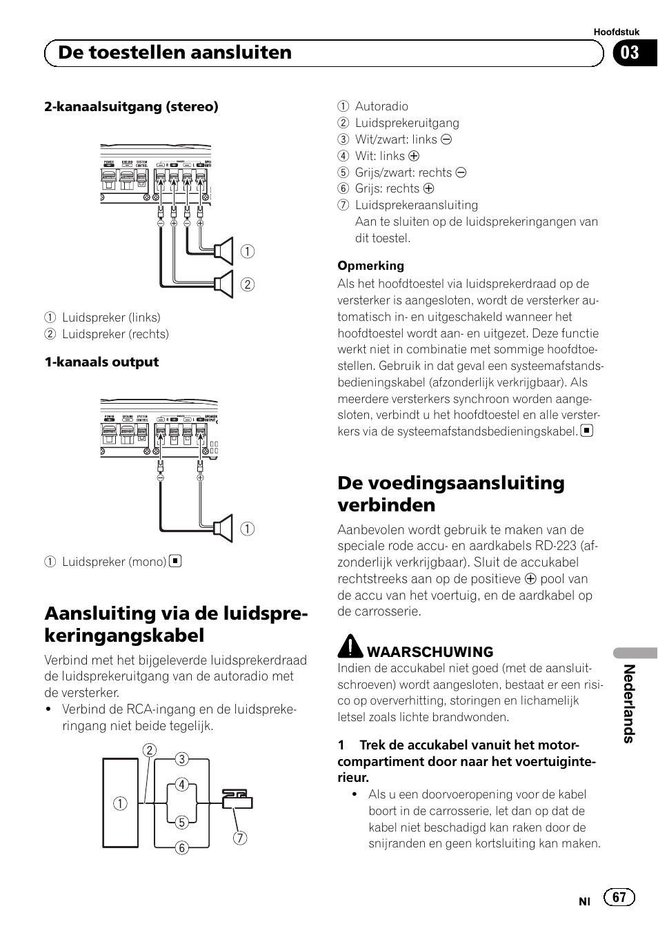 Aansluiting via de luidspre- keringangskabel, De voedingsaansluiting verbinden, 03 de toestellen aansluiten | Pioneer GM-A5602 User Manual | Page 67 / 92