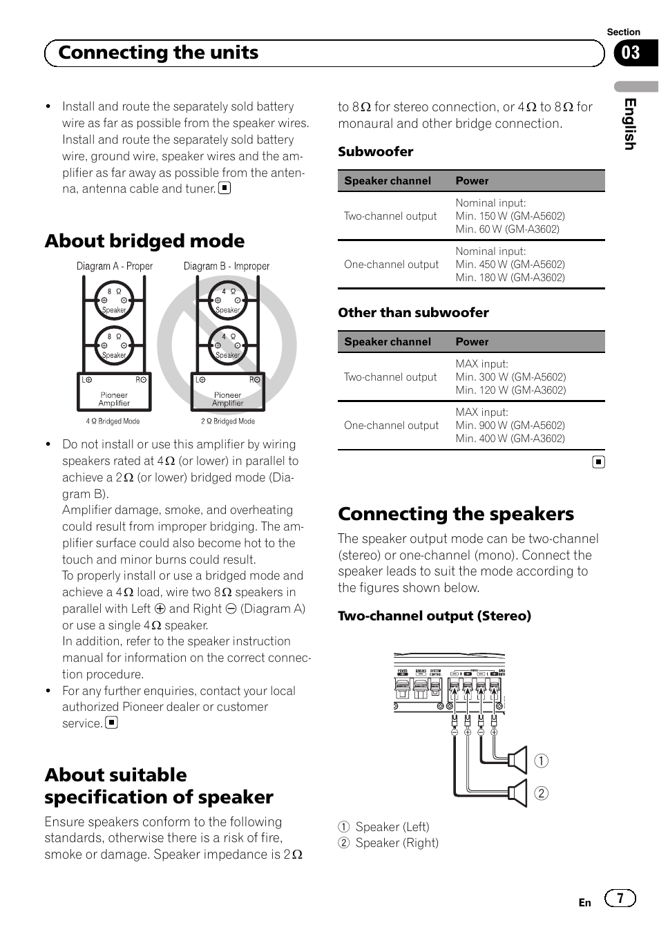 About bridged mode, About suitable specification of speaker, Connecting the speakers | 03 connecting the units | Pioneer GM-A5602 User Manual | Page 7 / 92