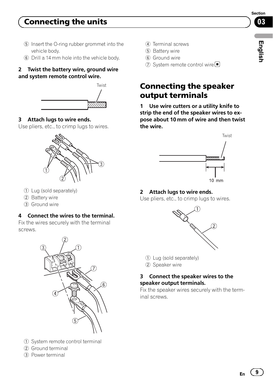 Connecting the speaker output terminals, 03 connecting the units | Pioneer GM-A5602 User Manual | Page 9 / 92