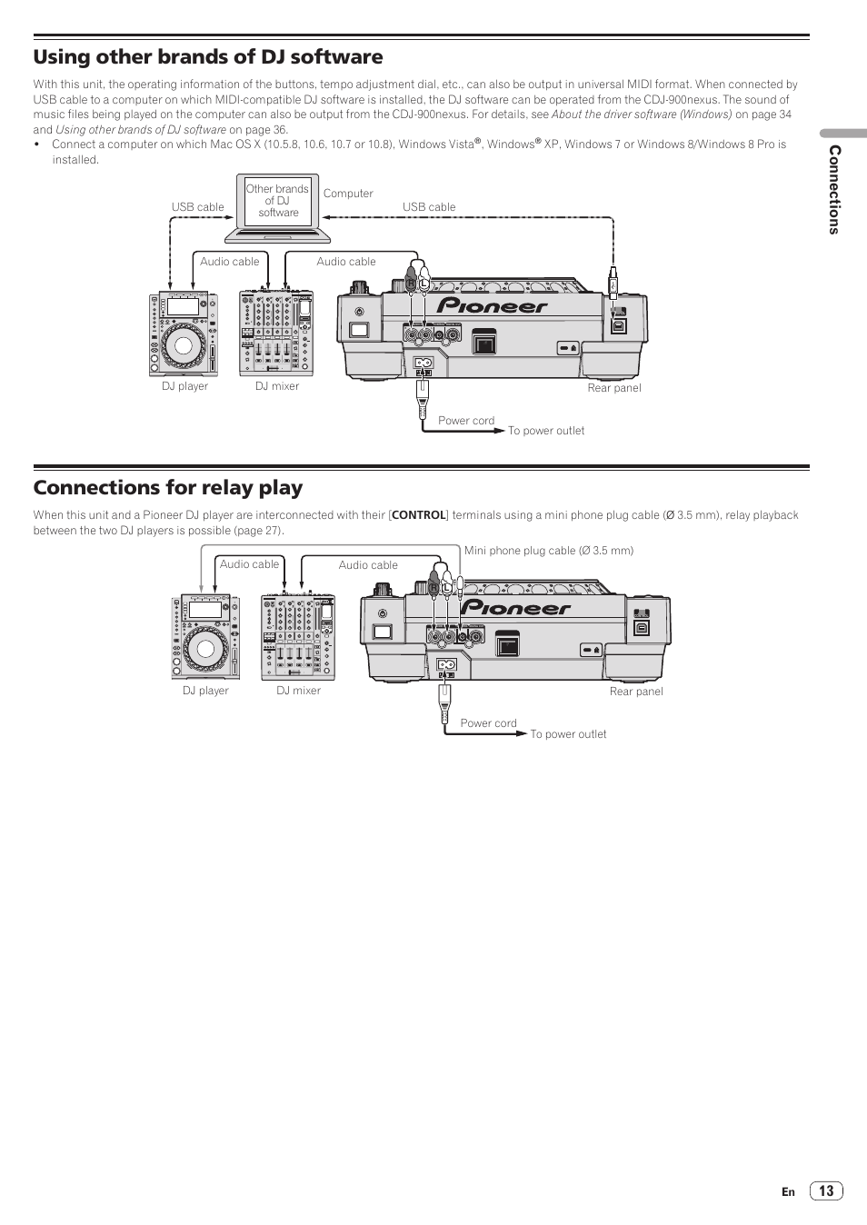 Using other brands of dj software, Connections for relay play, 13 connections | Pioneer CDJ-900NXS User Manual | Page 13 / 40