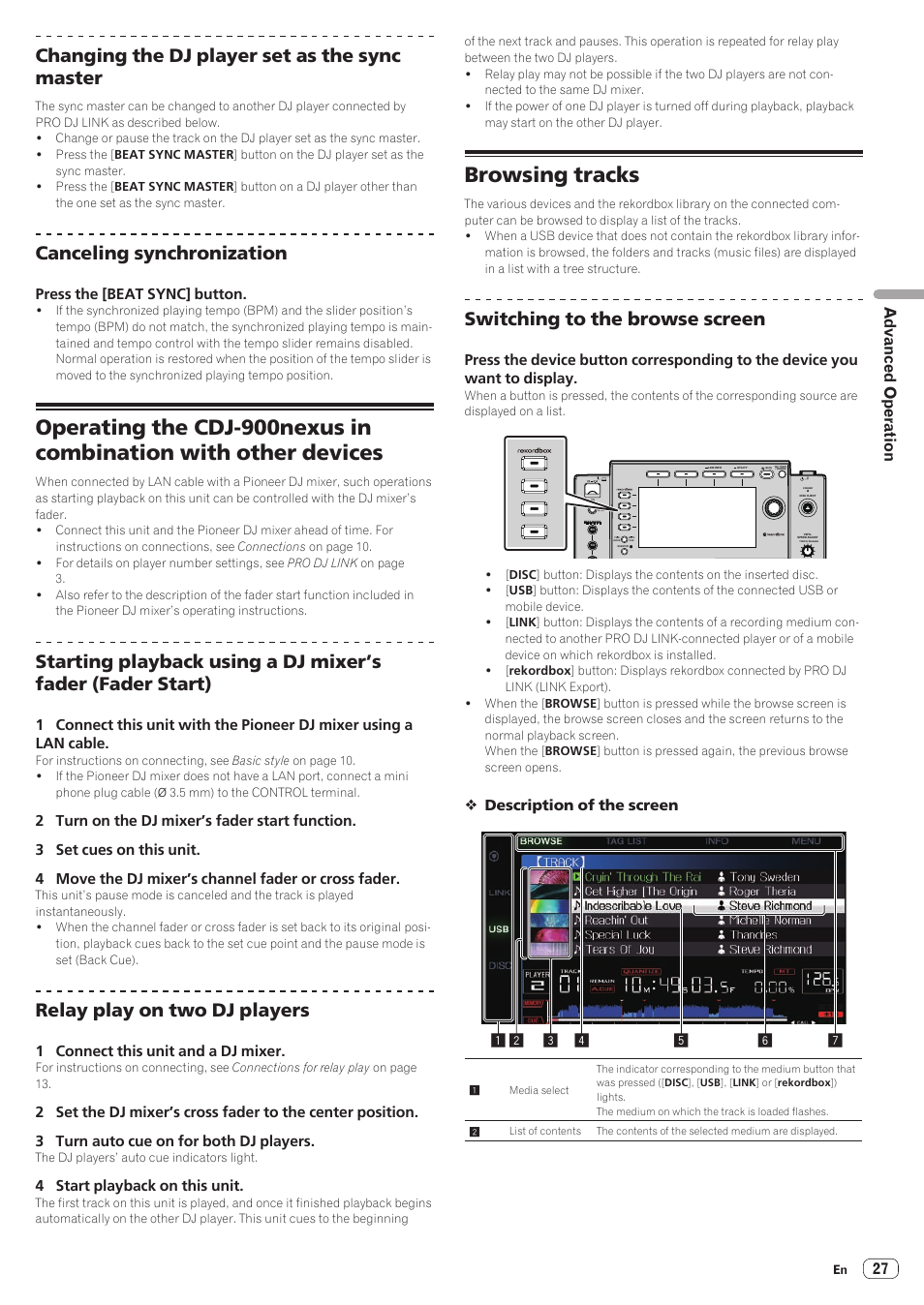 Browsing tracks, Changing the dj player set as the sync master, Canceling synchronization | Relay play on two dj players, Switching to the browse screen, 27 advanced operation, Press the [beat sync] button, 1 connect this unit and a dj mixer, 4 start playback on this unit | Pioneer CDJ-900NXS User Manual | Page 27 / 40