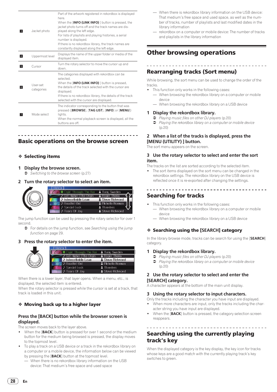 Other browsing operations, Basic operations on the browse screen, Rearranging tracks (sort menu) | Searching for tracks, Searching using the currently playing track’s key | Pioneer CDJ-900NXS User Manual | Page 28 / 40