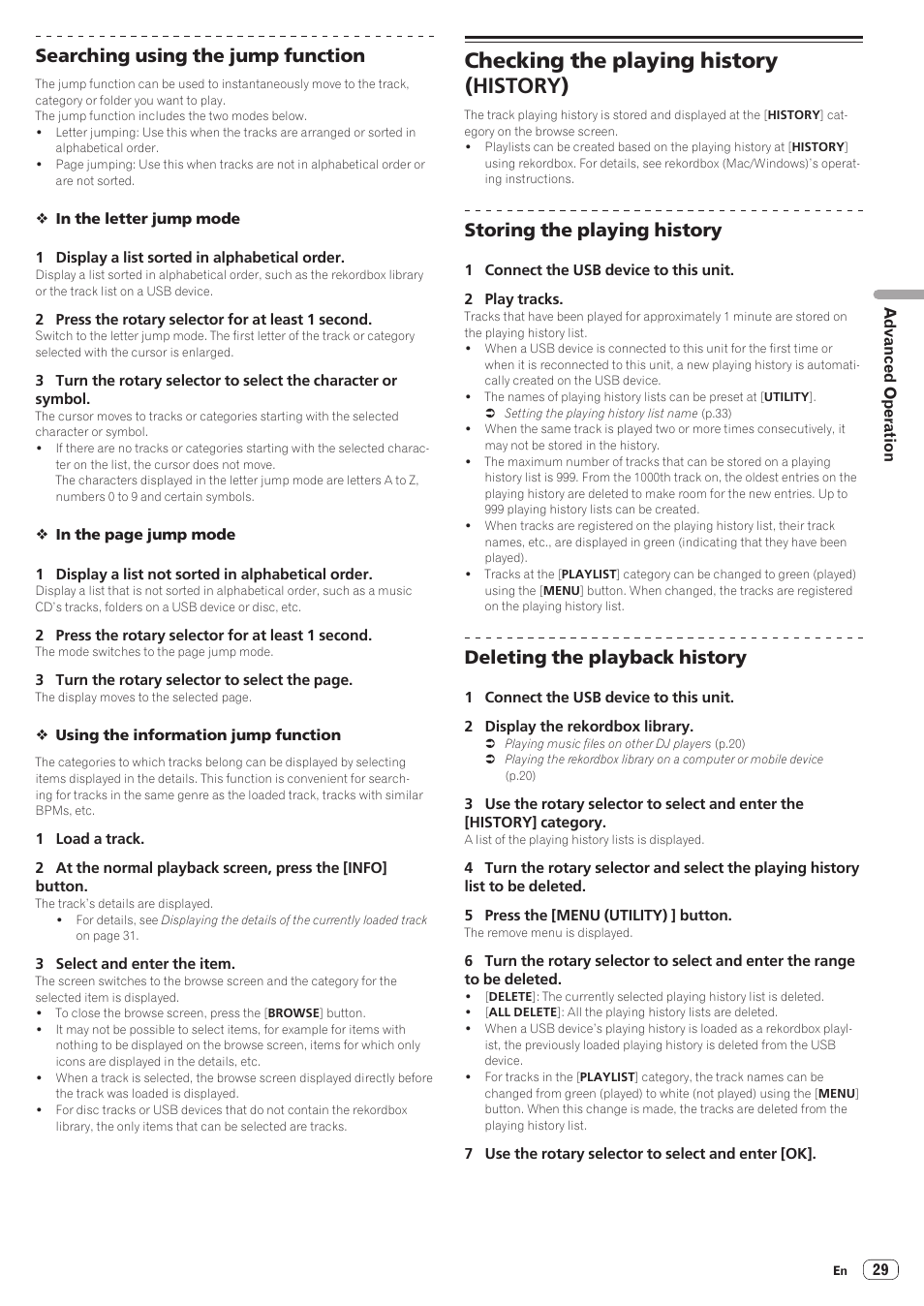 Checking the playing history (history), Checking the playing history ( history ), Searching using the jump function | Storing the playing history, Deleting the playback history | Pioneer CDJ-900NXS User Manual | Page 29 / 40