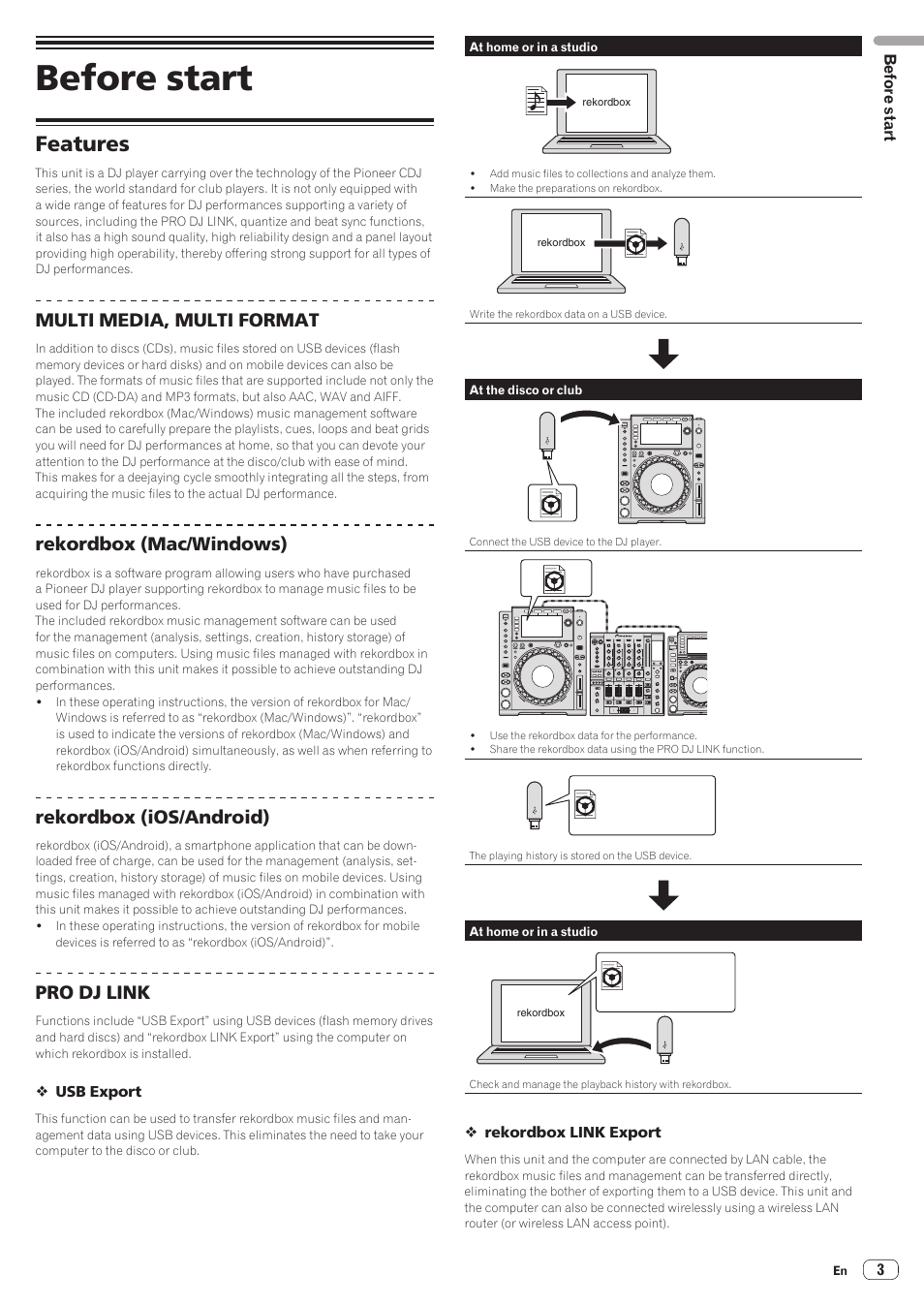 Before start, Features, Multi media, multi format | Rekordbox (mac/windows), Rekordbox (ios/android), Pro dj link | Pioneer CDJ-900NXS User Manual | Page 3 / 40