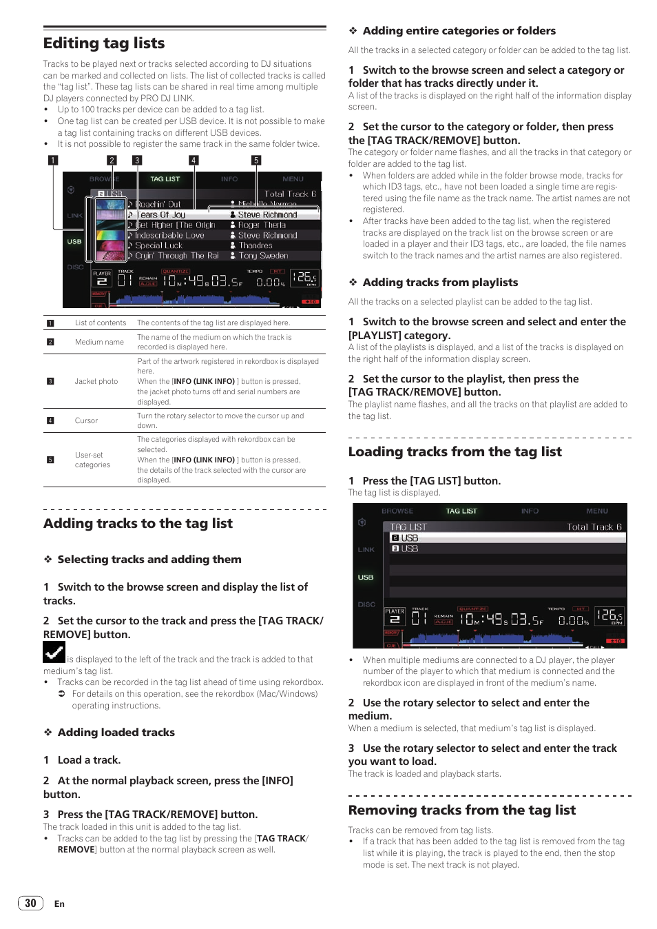 Editing tag lists, Adding tracks to the tag list, Loading tracks from the tag list | Removing tracks from the tag list | Pioneer CDJ-900NXS User Manual | Page 30 / 40