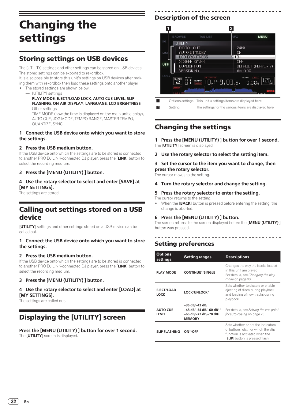 Changing the settings, Storing settings on usb devices, Calling out settings stored on a usb device | Displaying the [utility] screen, Description of the screen, Setting preferences | Pioneer CDJ-900NXS User Manual | Page 32 / 40