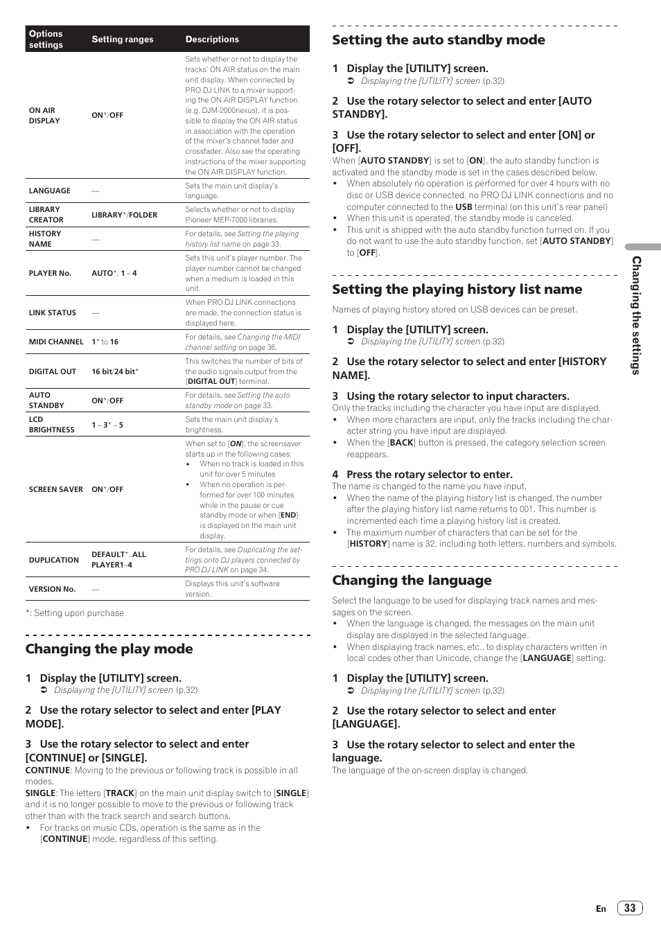 Changing the play mode, Setting the auto standby mode, Setting the playing history list name | Changing the language, 33 changing the settings | Pioneer CDJ-900NXS User Manual | Page 33 / 40