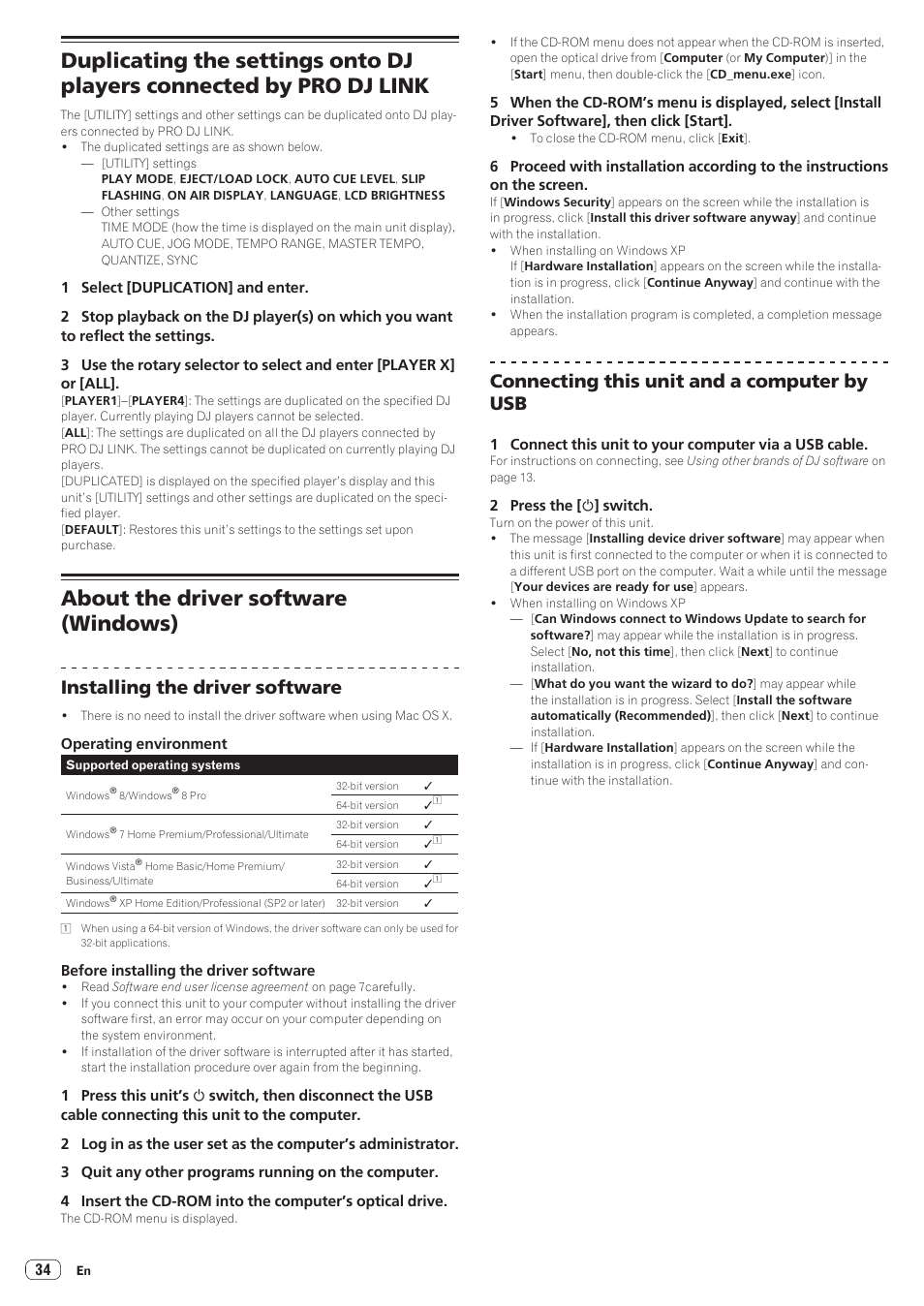 About the driver software (windows), Installing the driver software, Connecting this unit and a computer by usb | Pioneer CDJ-900NXS User Manual | Page 34 / 40