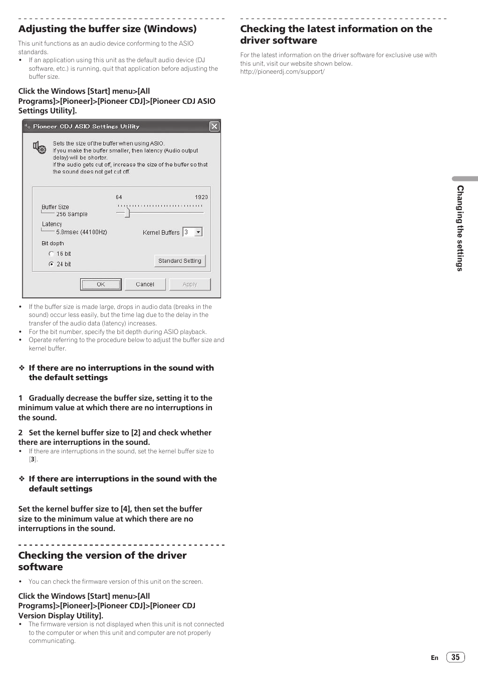 Adjusting the buffer size (windows), Checking the version of the driver software | Pioneer CDJ-900NXS User Manual | Page 35 / 40