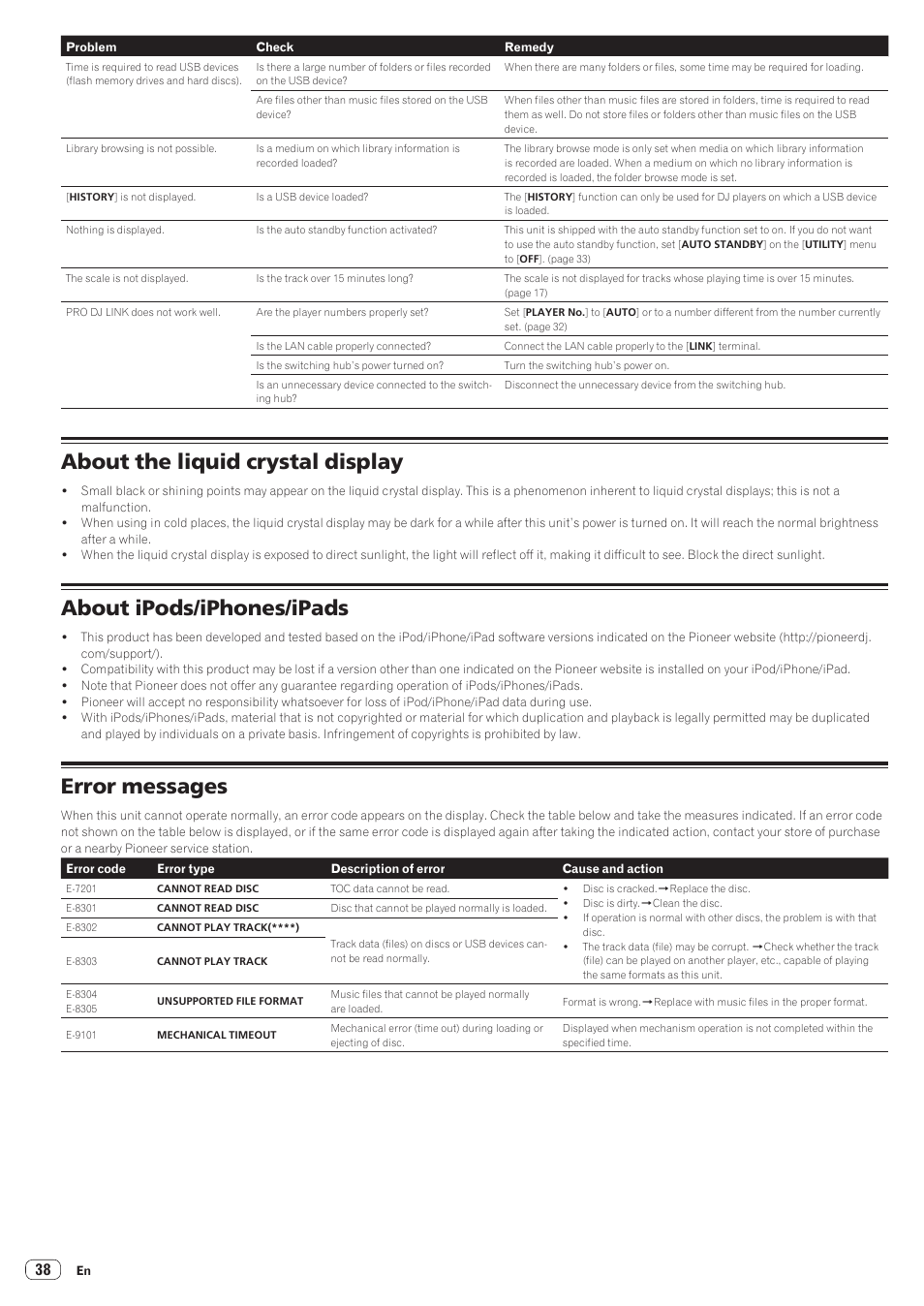 About the liquid crystal display, About ipods/iphones/ipads, Error messages | Pioneer CDJ-900NXS User Manual | Page 38 / 40