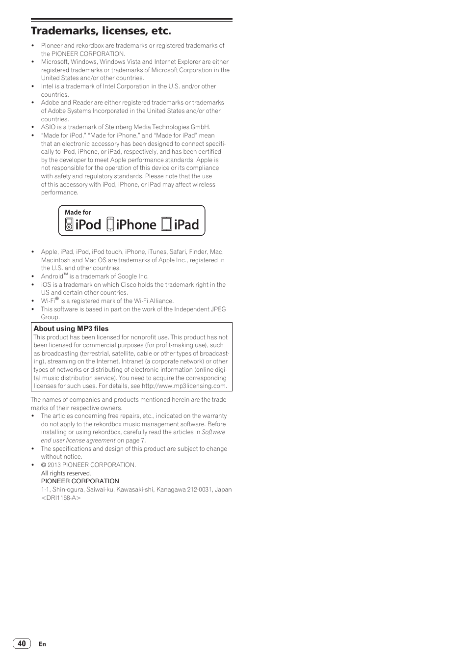 Trademarks, licenses, etc | Pioneer CDJ-900NXS User Manual | Page 40 / 40