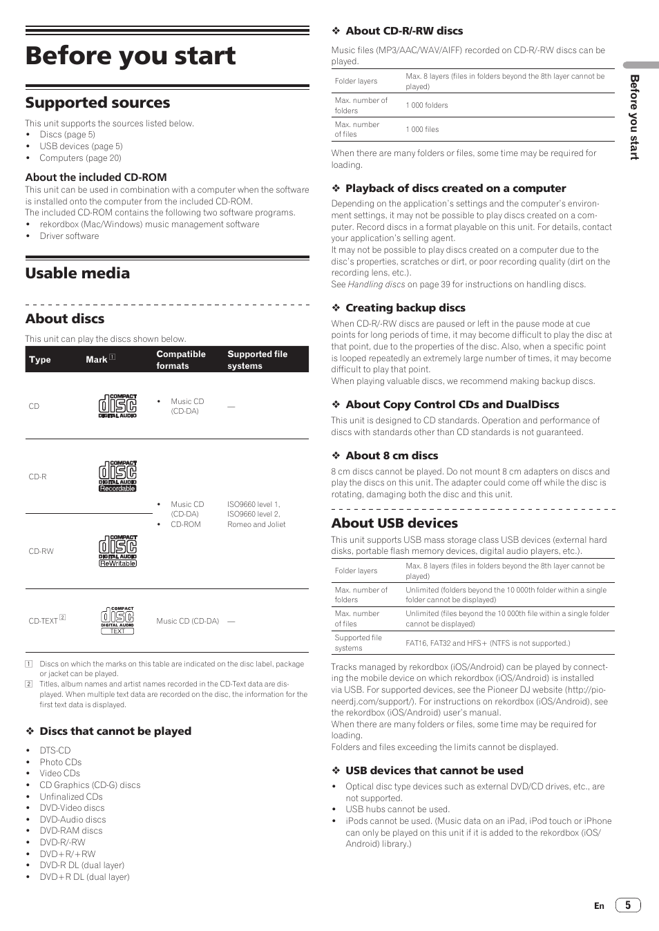 Before you start, Supported sources, Usable media | Supported sources usable media, About discs, About usb devices | Pioneer CDJ-900NXS User Manual | Page 5 / 40