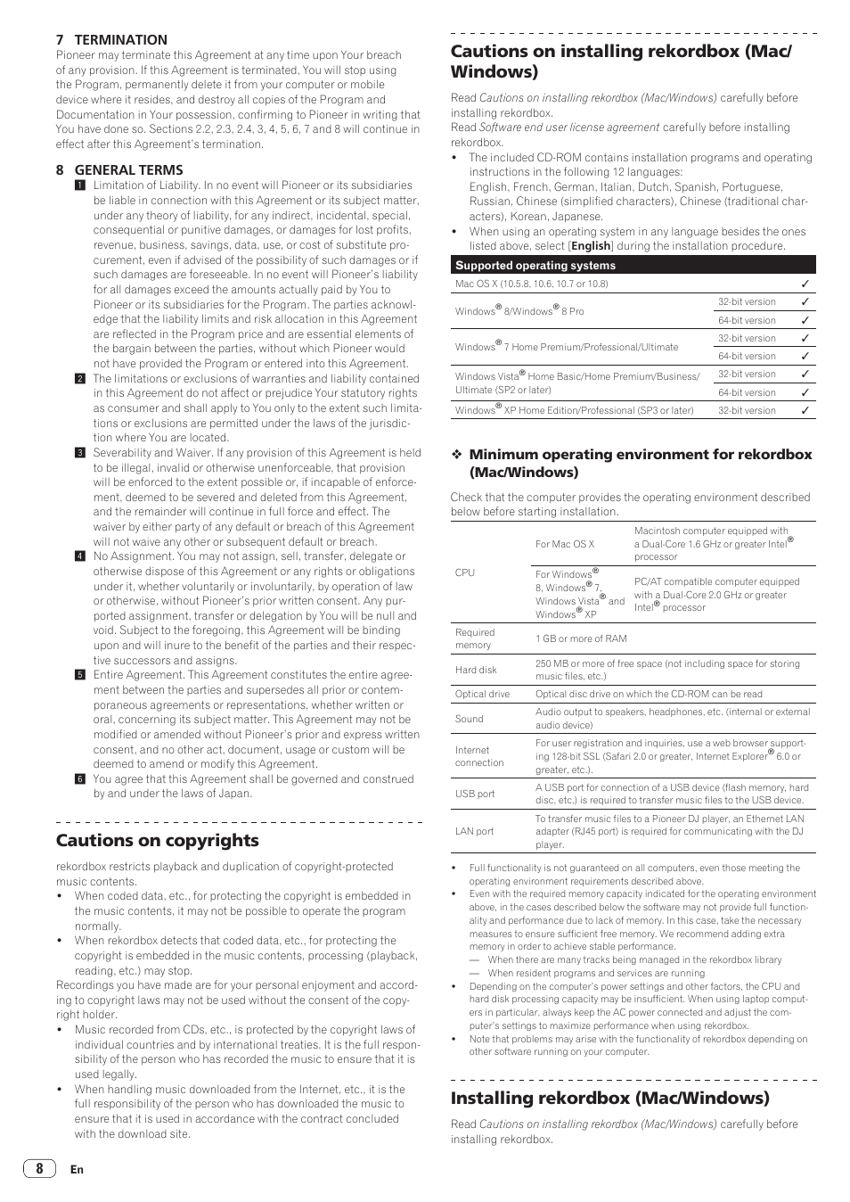 Cautions on copyrights, Cautions on installing rekordbox (mac/ windows), Installing rekordbox (mac/windows) | Pioneer CDJ-900NXS User Manual | Page 8 / 40