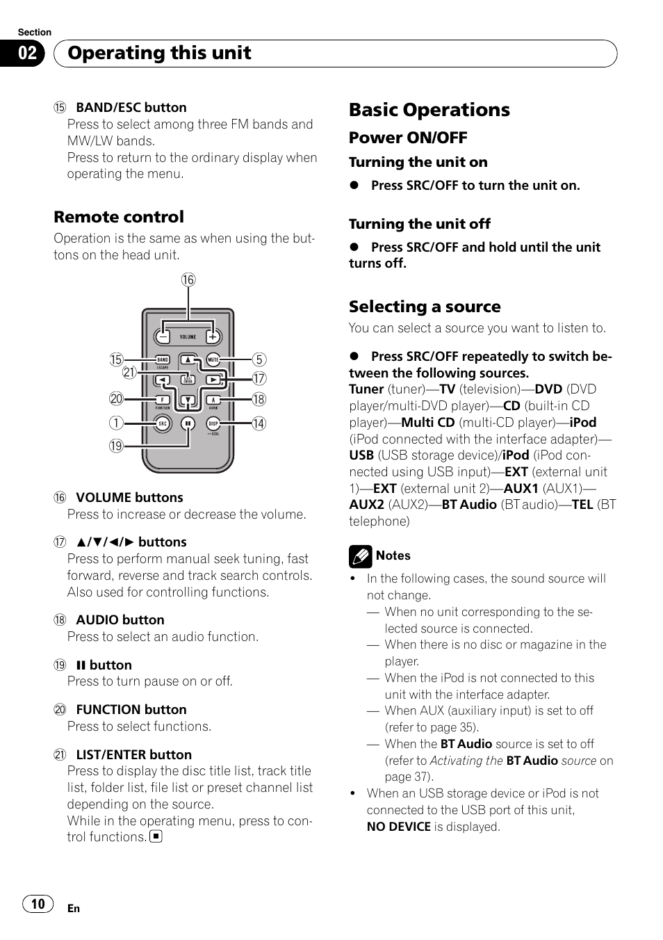 Remote control 10, Basic operations, Power on/off 10 | Selecting a source 10, Operating this unit, Remote control, Power on/off, Selecting a source | Pioneer DEH-P5100UB User Manual | Page 10 / 66