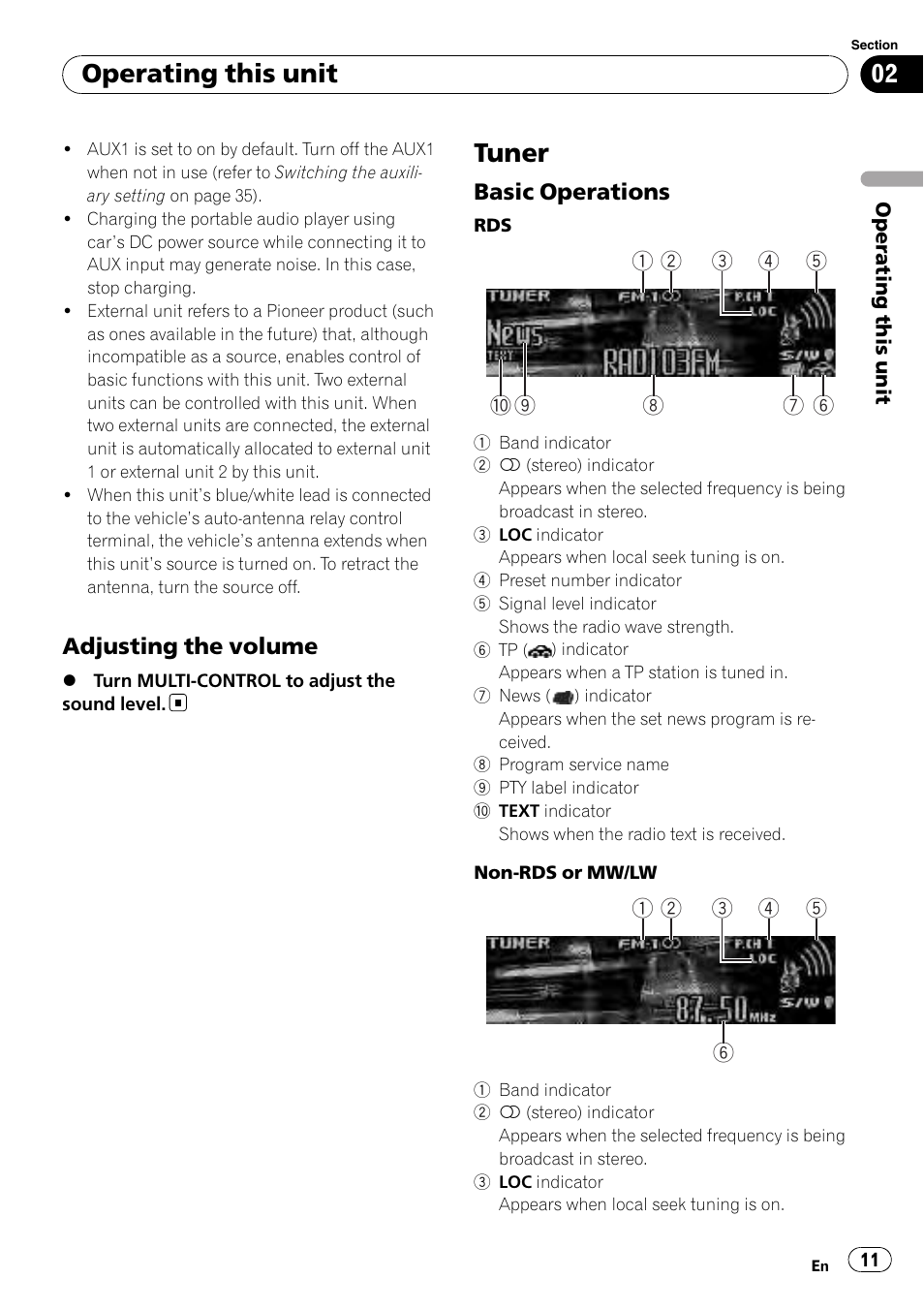 Adjusting the volume 11, Tuner, Basic operations 11 | Operating this unit, Adjusting the volume, Basic operations | Pioneer DEH-P5100UB User Manual | Page 11 / 66