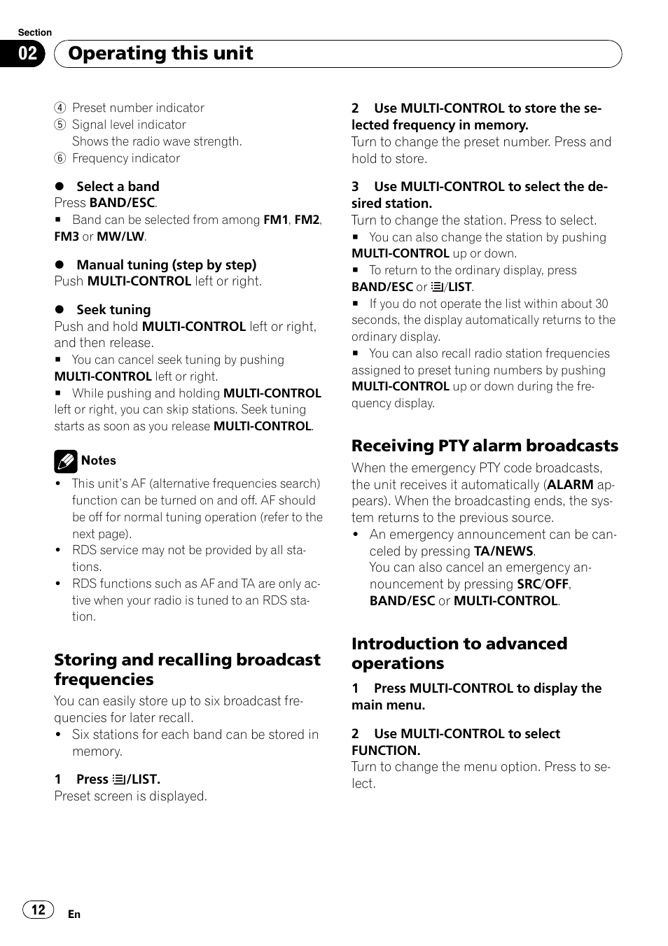 Storing and recalling broadcast, Frequencies, Receiving pty alarm broadcasts 12 | Introduction to advanced, Operations, Operating this unit, Storing and recalling broadcast frequencies, Receiving pty alarm broadcasts, Introduction to advanced operations | Pioneer DEH-P5100UB User Manual | Page 12 / 66