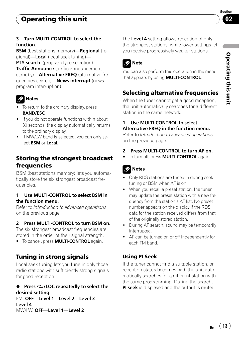 Storing the strongest broadcast, Frequencies, Tuning in strong signals 13 | Selecting alternative frequencies 13, Operating this unit, Storing the strongest broadcast frequencies, Tuning in strong signals, Selecting alternative frequencies | Pioneer DEH-P5100UB User Manual | Page 13 / 66