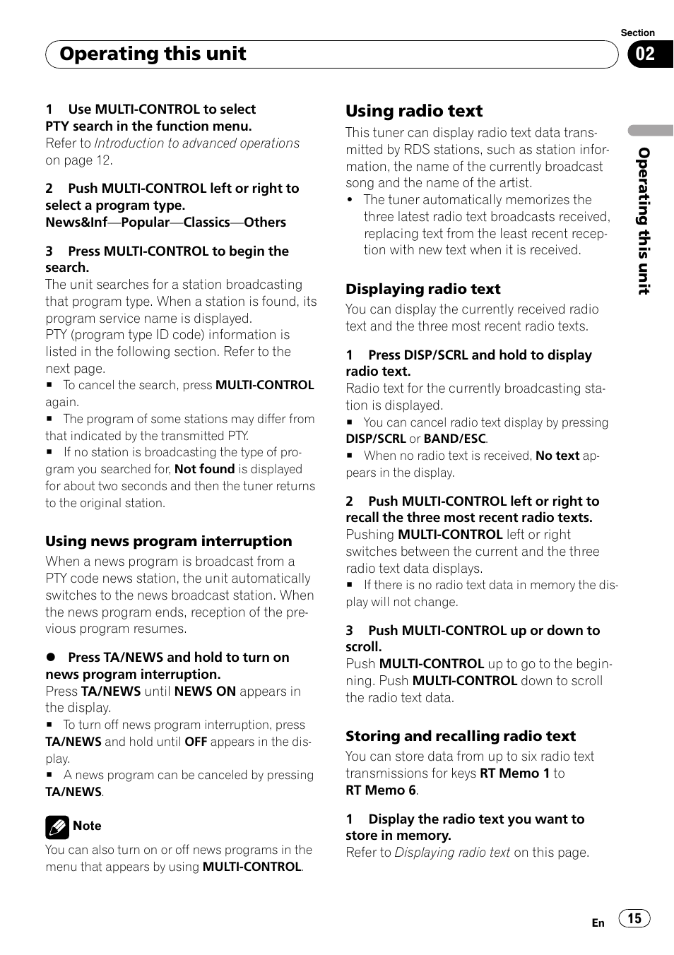Using radio text 15, Operating this unit, Using radio text | Pioneer DEH-P5100UB User Manual | Page 15 / 66