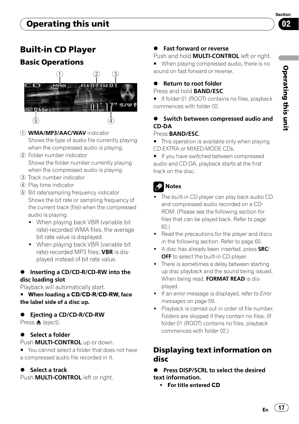 Built-in cd player, Basic operations 17, Displaying text information on disc 17 | Operating this unit, Basic operations, Displaying text information on disc | Pioneer DEH-P5100UB User Manual | Page 17 / 66