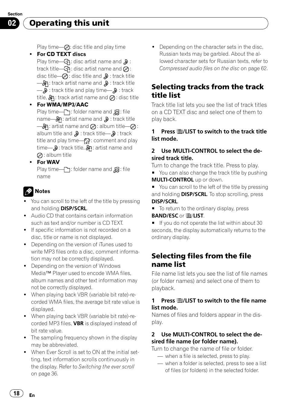 Selecting tracks from the track title, List, Selecting files from the file name | Operating this unit, Selecting tracks from the track title list, Selecting files from the file name list | Pioneer DEH-P5100UB User Manual | Page 18 / 66