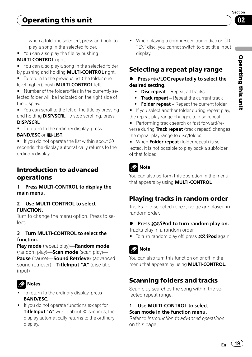 Introduction to advanced, Operations, Selecting a repeat play range 19 | Playing tracks in random order 19, Scanning folders and tracks 19, Operating this unit, Introduction to advanced operations, Selecting a repeat play range, Playing tracks in random order, Scanning folders and tracks | Pioneer DEH-P5100UB User Manual | Page 19 / 66