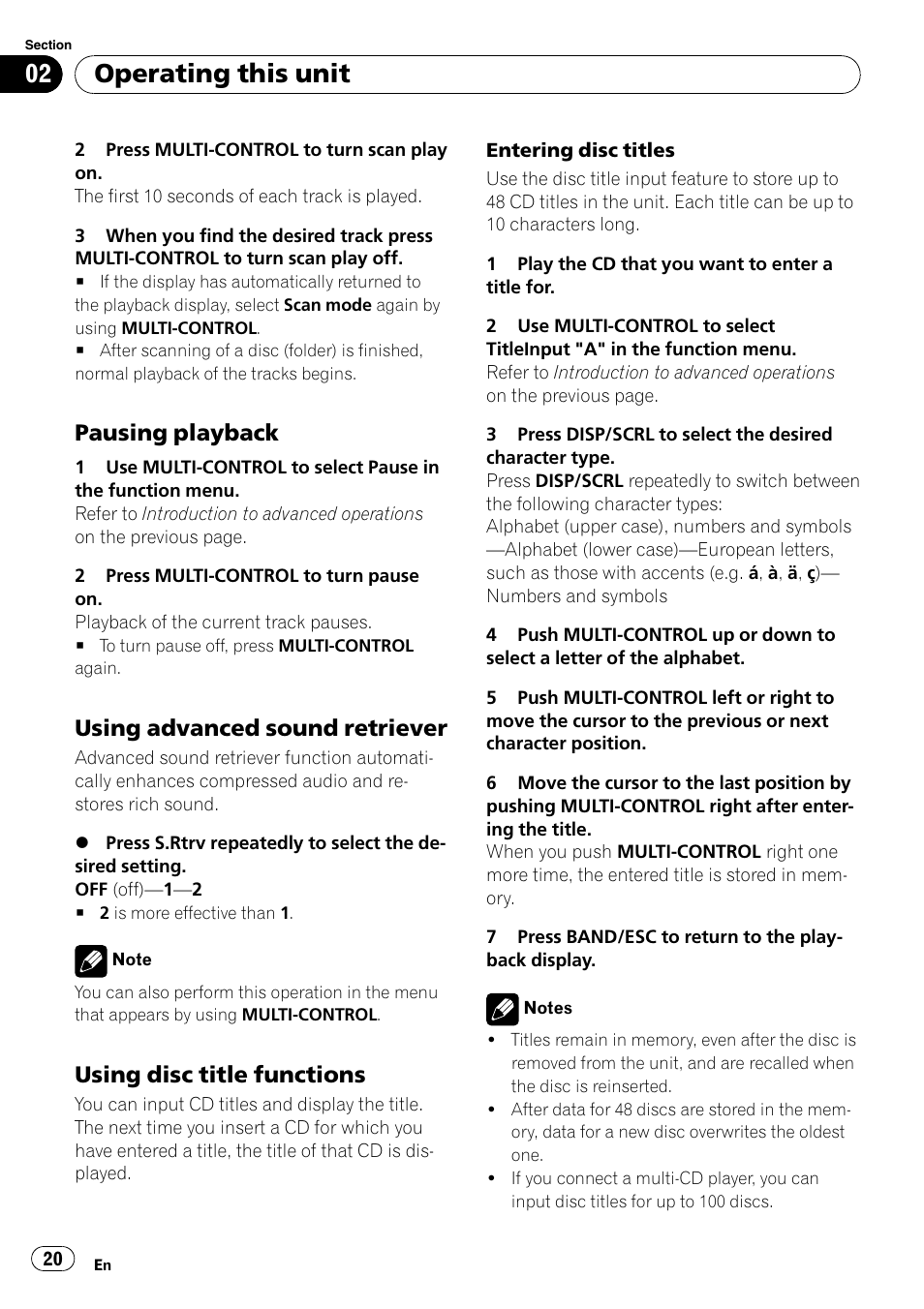 Pausing playback 20, Using advanced sound retriever 20, Using disc title functions 20 | Operating this unit, Pausing playback, Using advanced sound retriever, Using disc title functions | Pioneer DEH-P5100UB User Manual | Page 20 / 66