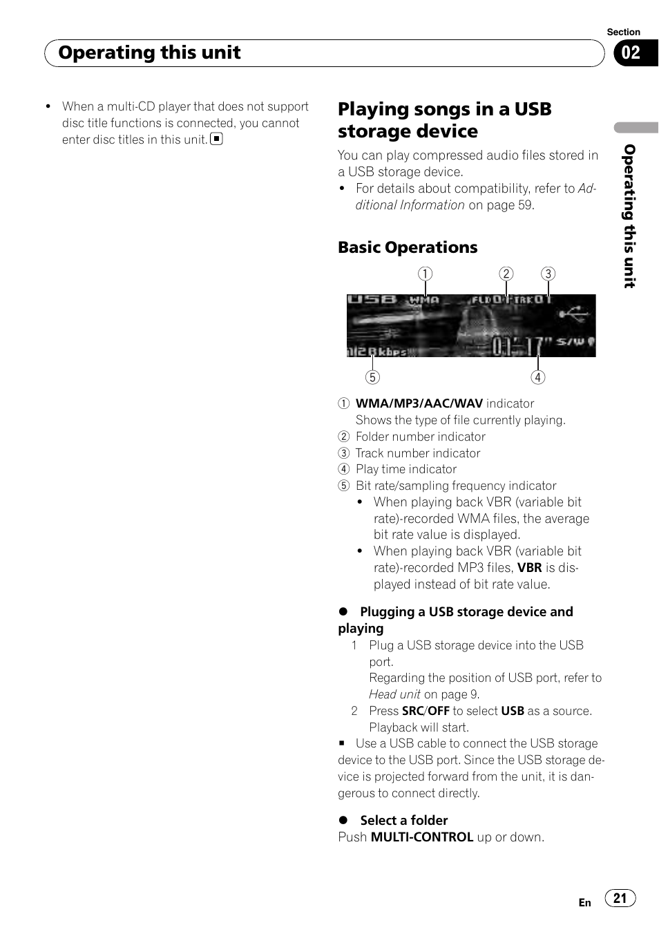 Playing songs in a usb storage device, Basic operations 21, Operating this unit | Basic operations | Pioneer DEH-P5100UB User Manual | Page 21 / 66