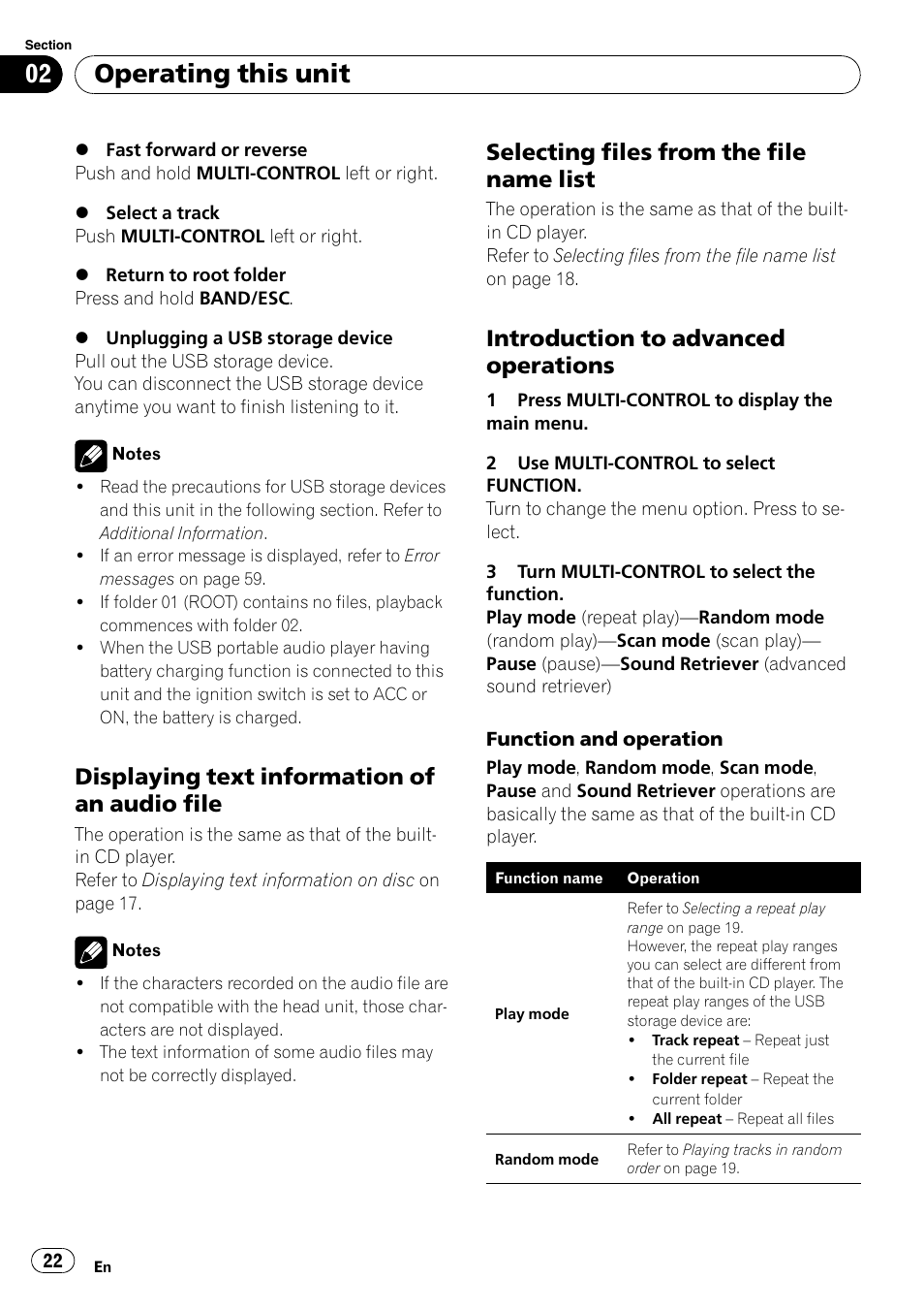 Displaying text information of an audio, File, Selecting files from the file name | List, Introduction to advanced, Operations, Operating this unit, Displaying text information of an audio file, Selecting files from the file name list, Introduction to advanced operations | Pioneer DEH-P5100UB User Manual | Page 22 / 66