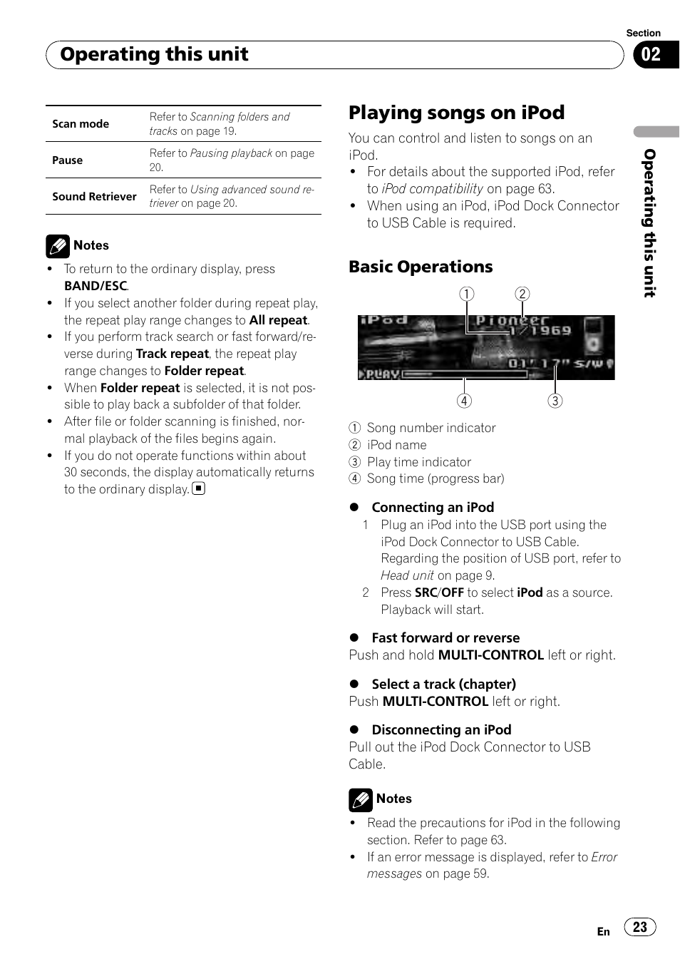 Playing songs on ipod, Basic operations 23, Operating this unit | Basic operations | Pioneer DEH-P5100UB User Manual | Page 23 / 66