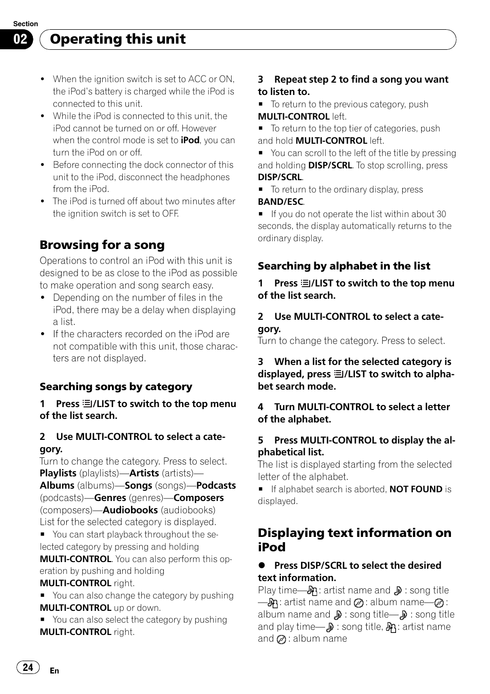 Browsing for a song 24, Displaying text information on, Ipod | Operating this unit, Browsing for a song, Displaying text information on ipod | Pioneer DEH-P5100UB User Manual | Page 24 / 66