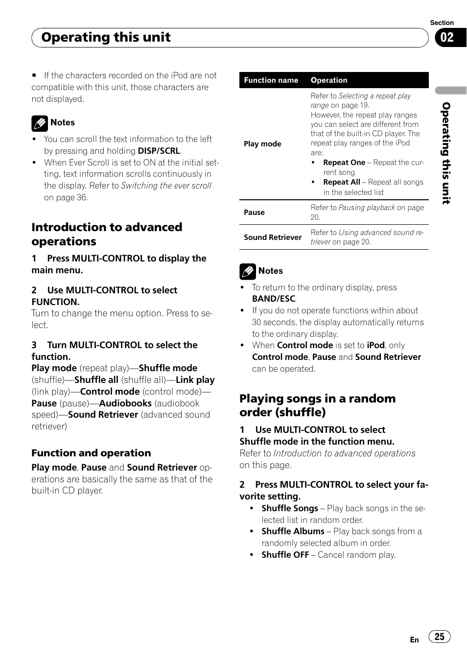 Introduction to advanced, Operations, Playing songs in a random order | Shuffle), Operating this unit, Introduction to advanced operations, Playing songs in a random order (shuffle) | Pioneer DEH-P5100UB User Manual | Page 25 / 66