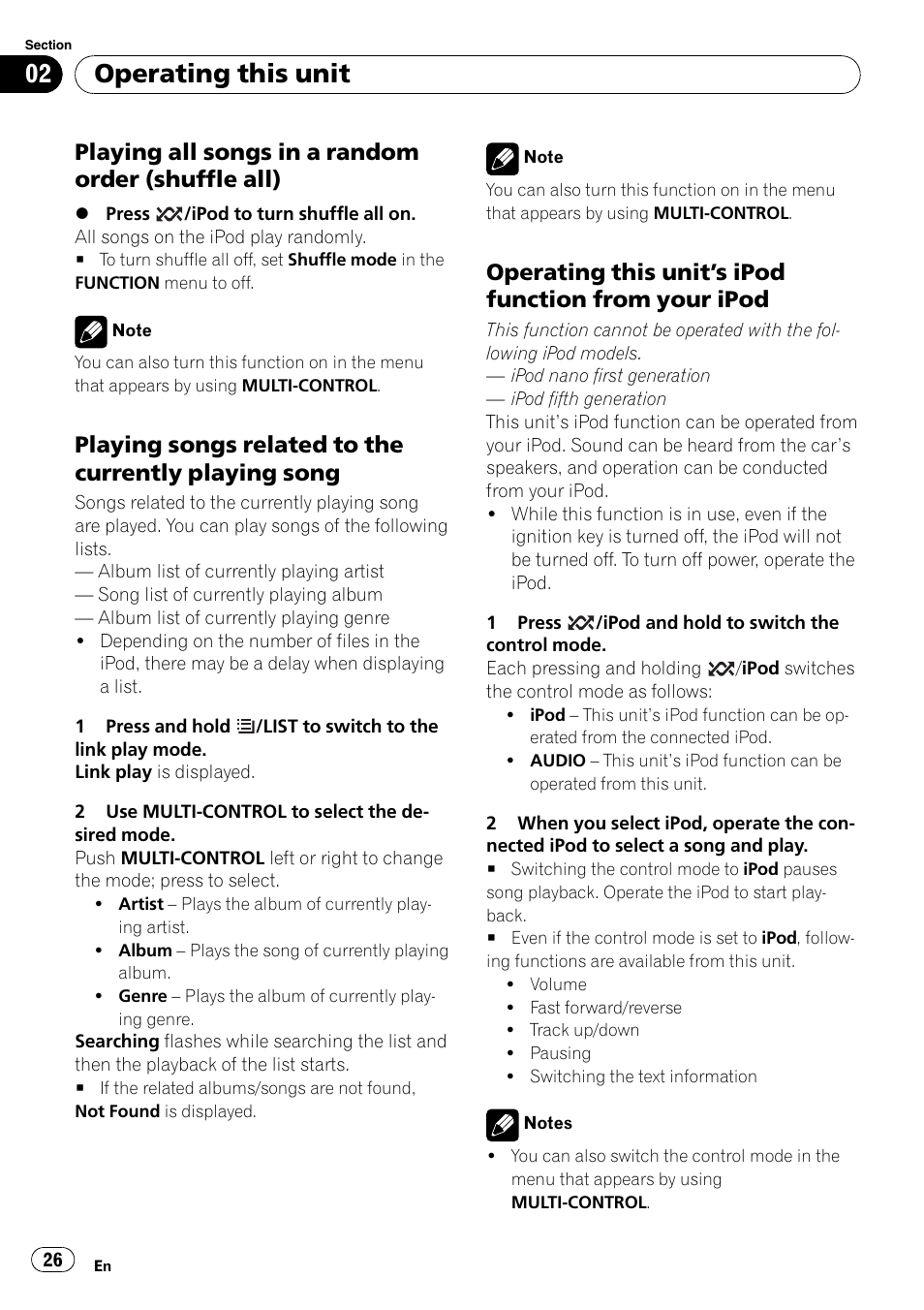 Playing all songs in a random order, Shuffle all), Playing songs related to the currently | Playing song, Operating this unit’s ipod function, From your ipod, Operating this unit, S ipod, Playing all songs in a random order (shuffle all) | Pioneer DEH-P5100UB User Manual | Page 26 / 66