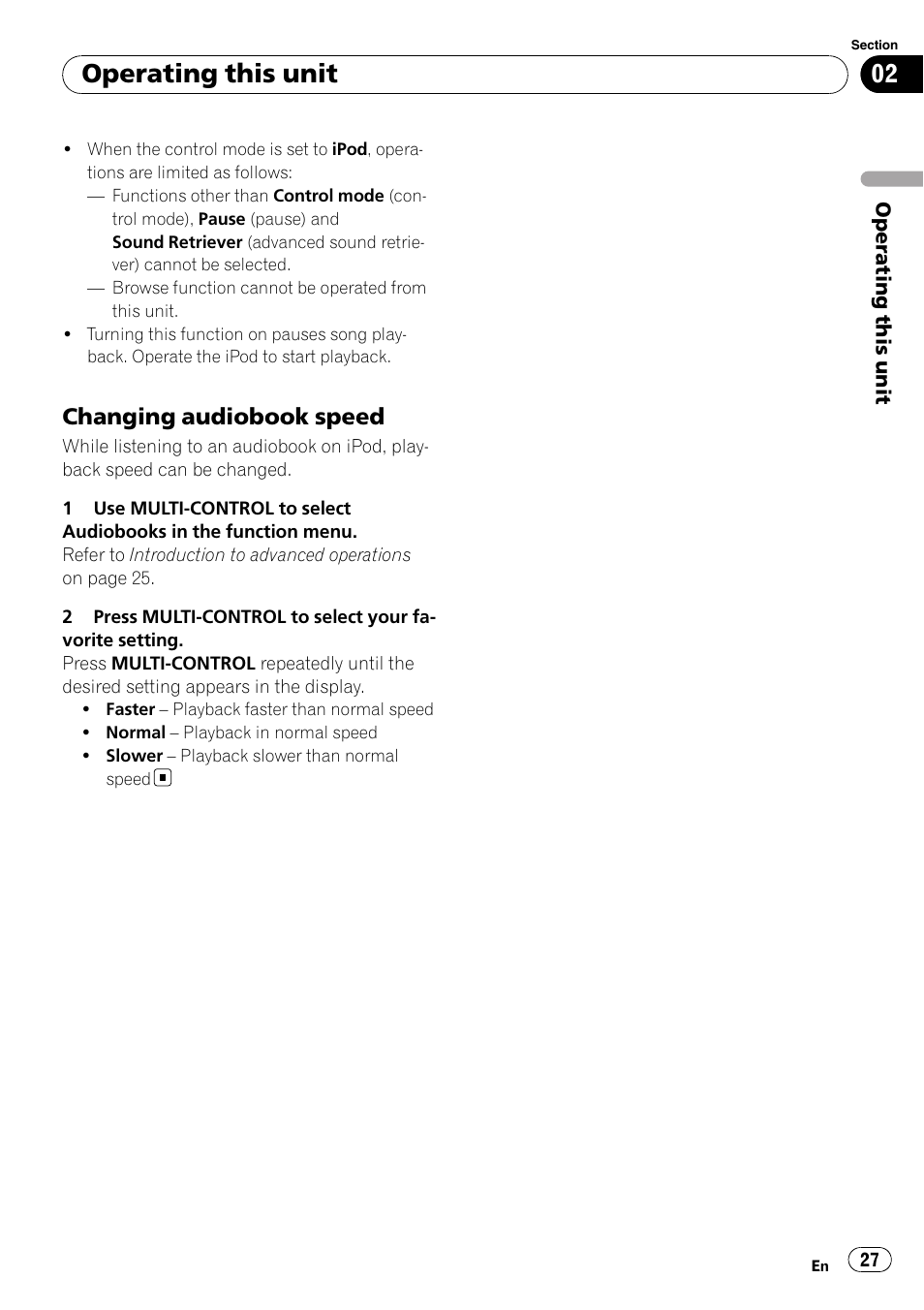 Changing audiobook speed 27, Operating this unit, Changing audiobook speed | Pioneer DEH-P5100UB User Manual | Page 27 / 66
