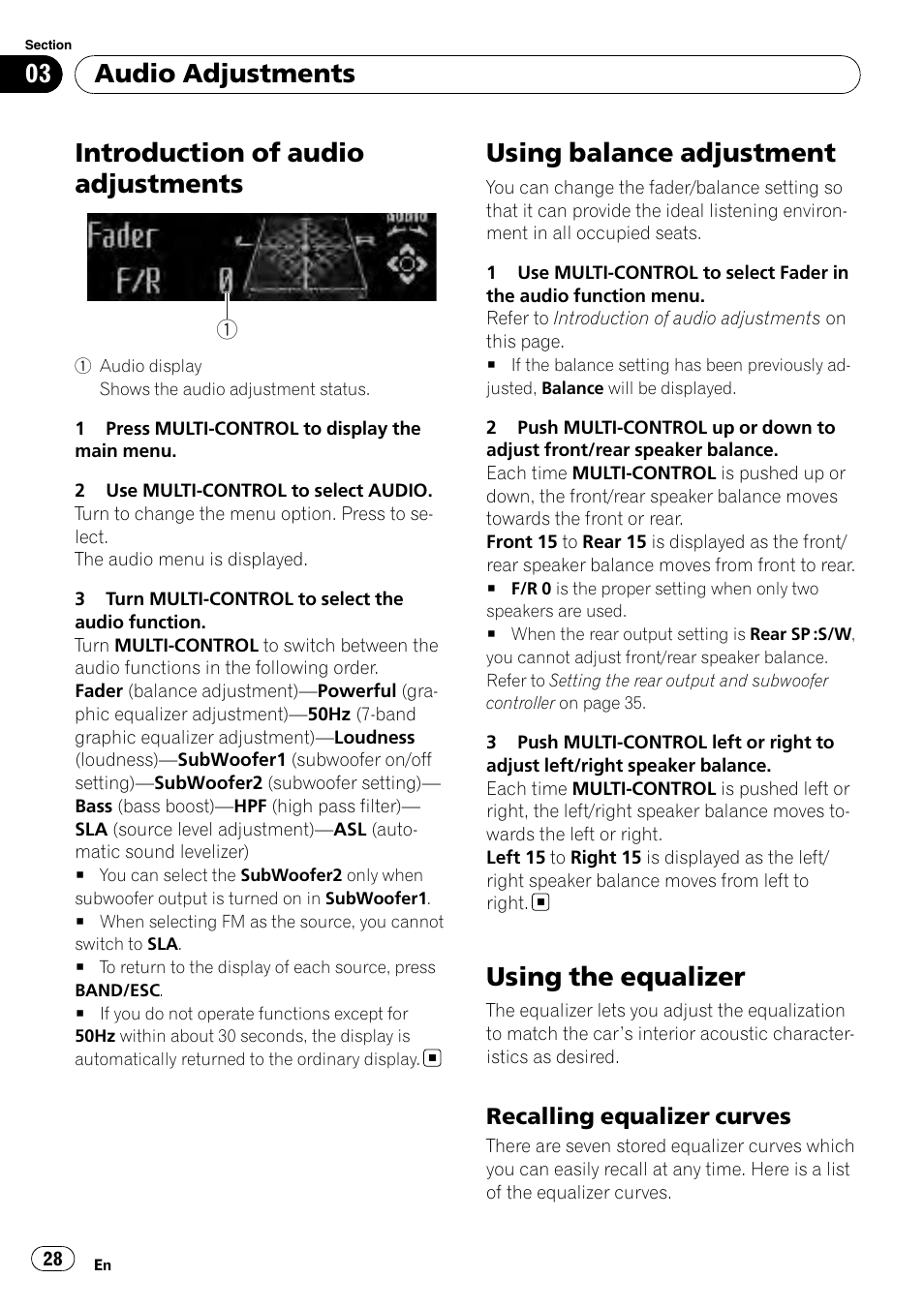 Using balance adjustment, Using the equalizer, Recalling equalizer curves 28 | Introduction of audio adjustments, Audio adjustments, Recalling equalizer curves | Pioneer DEH-P5100UB User Manual | Page 28 / 66