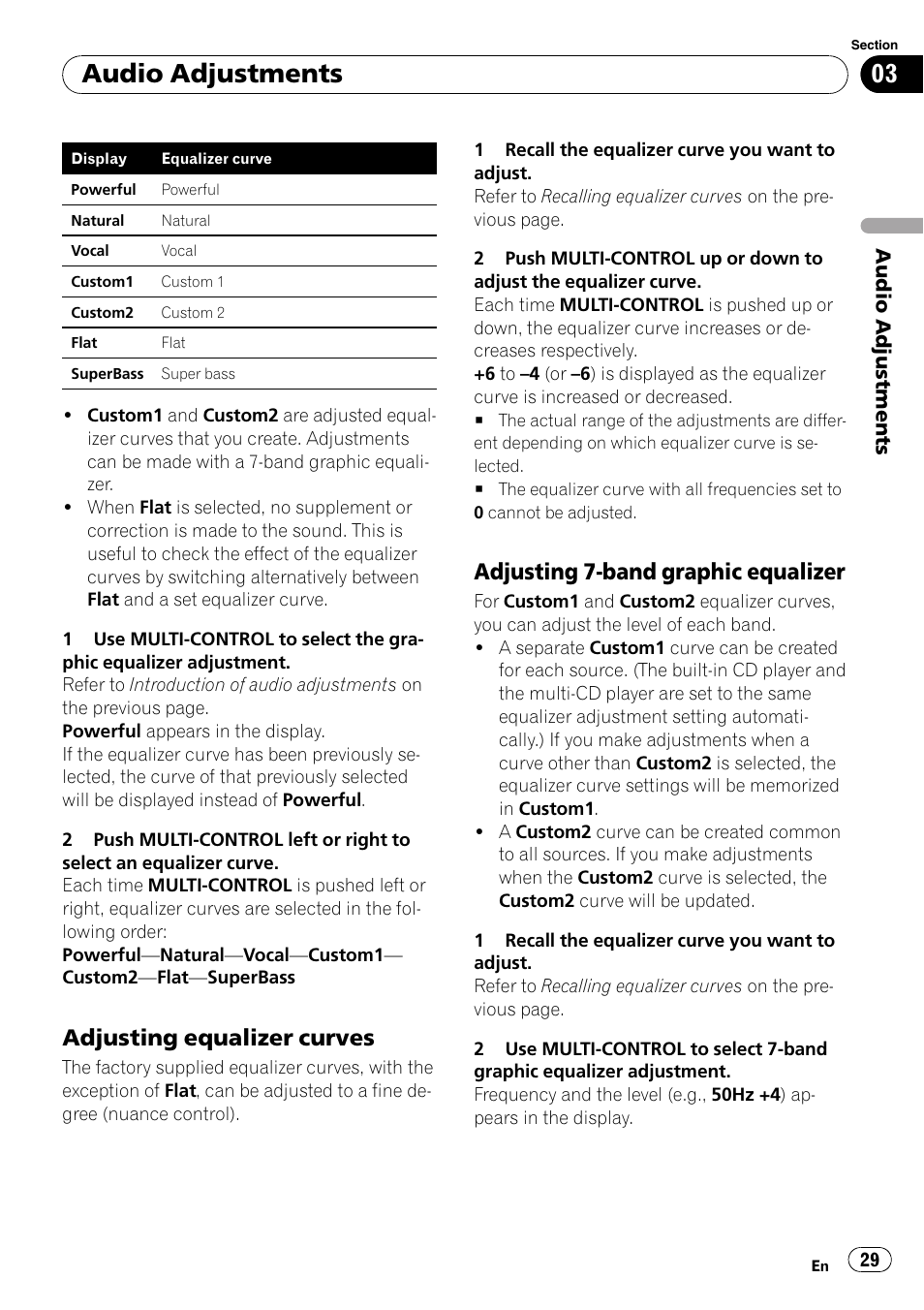 Adjusting equalizer curves 29, Adjusting 7-band graphic equalizer 29, Audio adjustments | Adjusting equalizer curves, Adjusting 7-band graphic equalizer | Pioneer DEH-P5100UB User Manual | Page 29 / 66