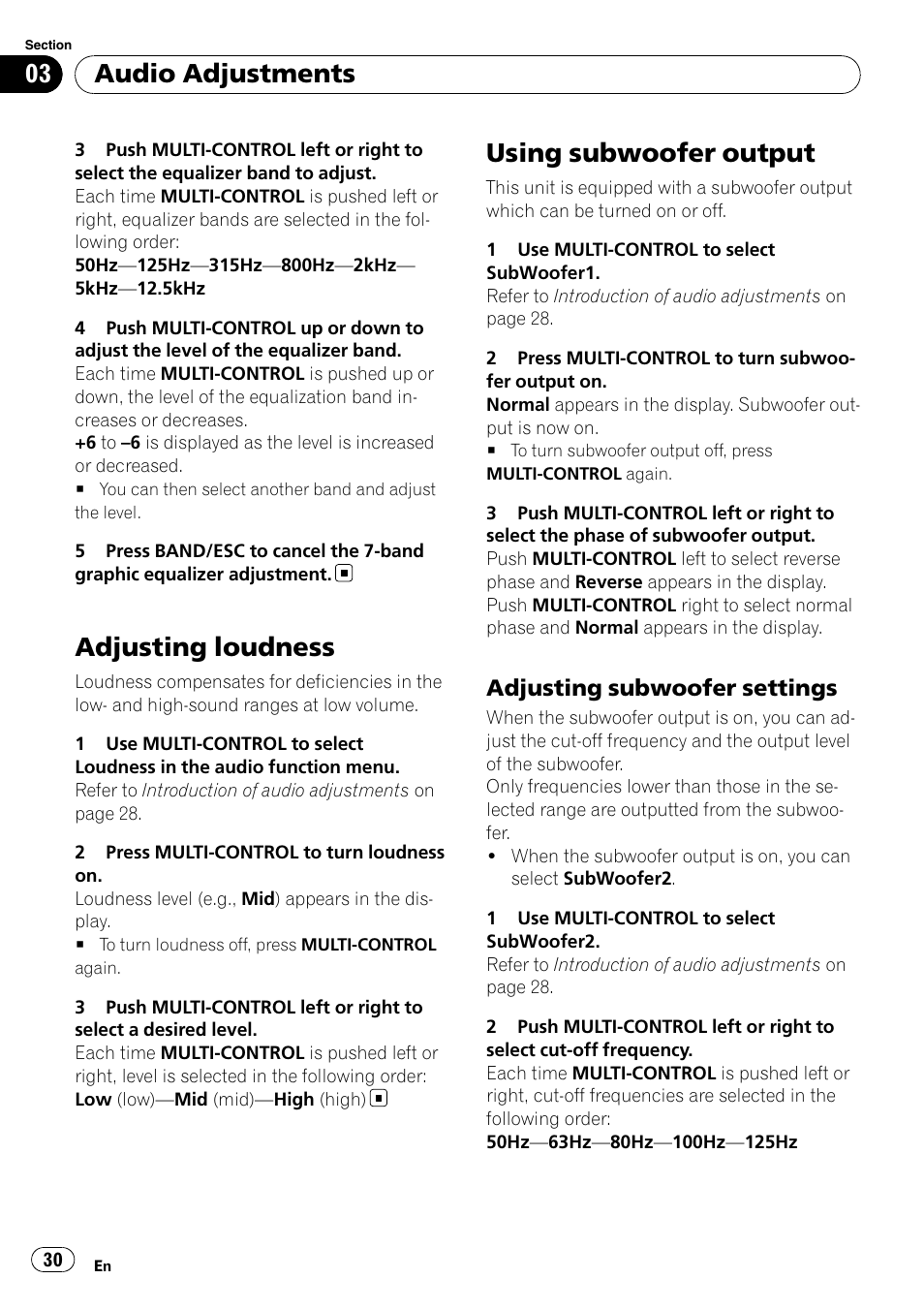 Adjusting loudness, Using subwoofer output, Adjusting subwoofer settings 30 | Audio adjustments, Adjusting subwoofer settings | Pioneer DEH-P5100UB User Manual | Page 30 / 66