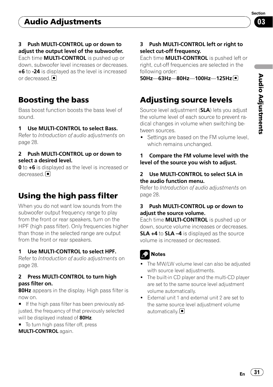 Boosting the bass, Using the high pass filter, Adjusting source levels | Audio adjustments | Pioneer DEH-P5100UB User Manual | Page 31 / 66