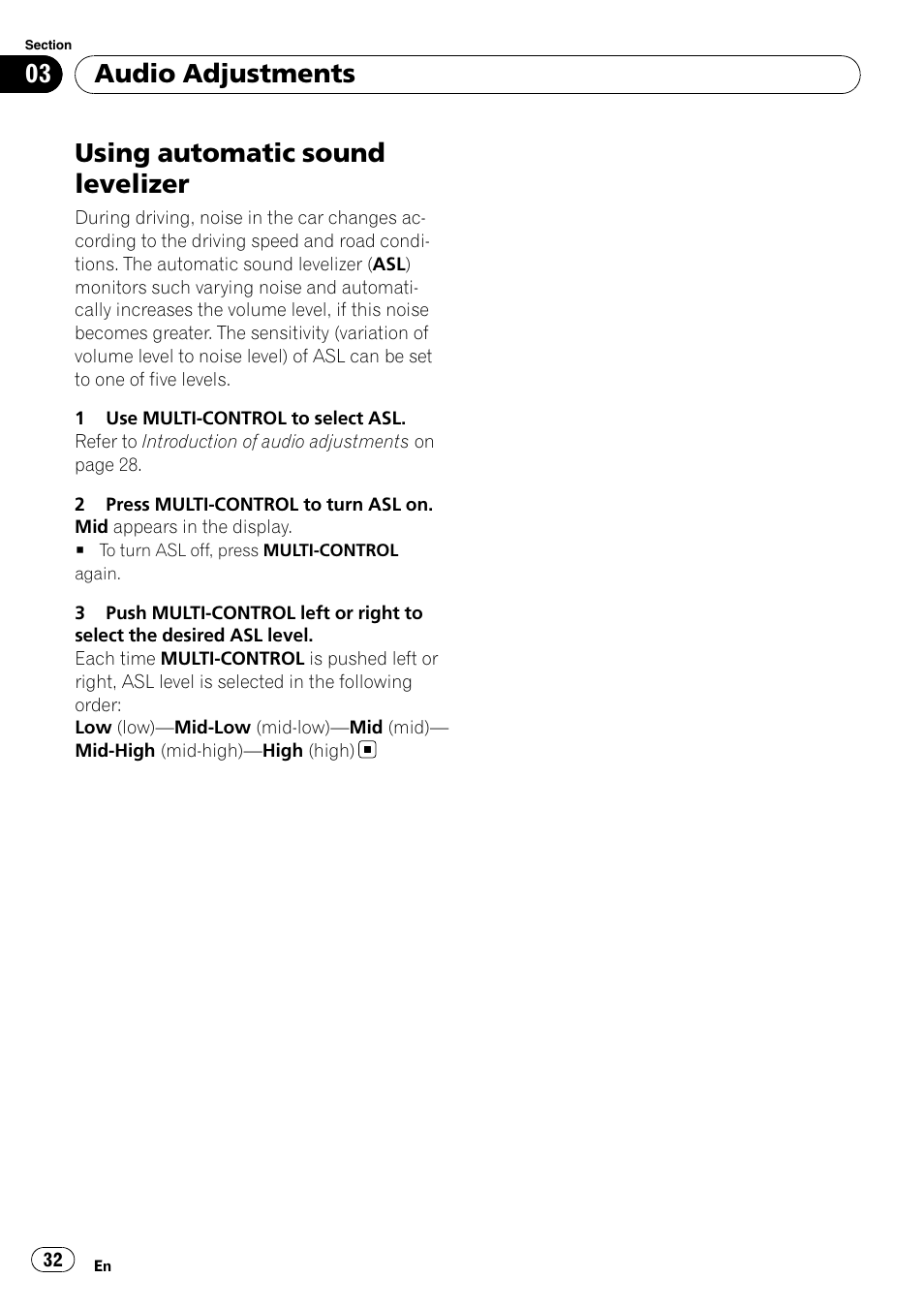 Using automatic sound levelizer, Audio adjustments | Pioneer DEH-P5100UB User Manual | Page 32 / 66