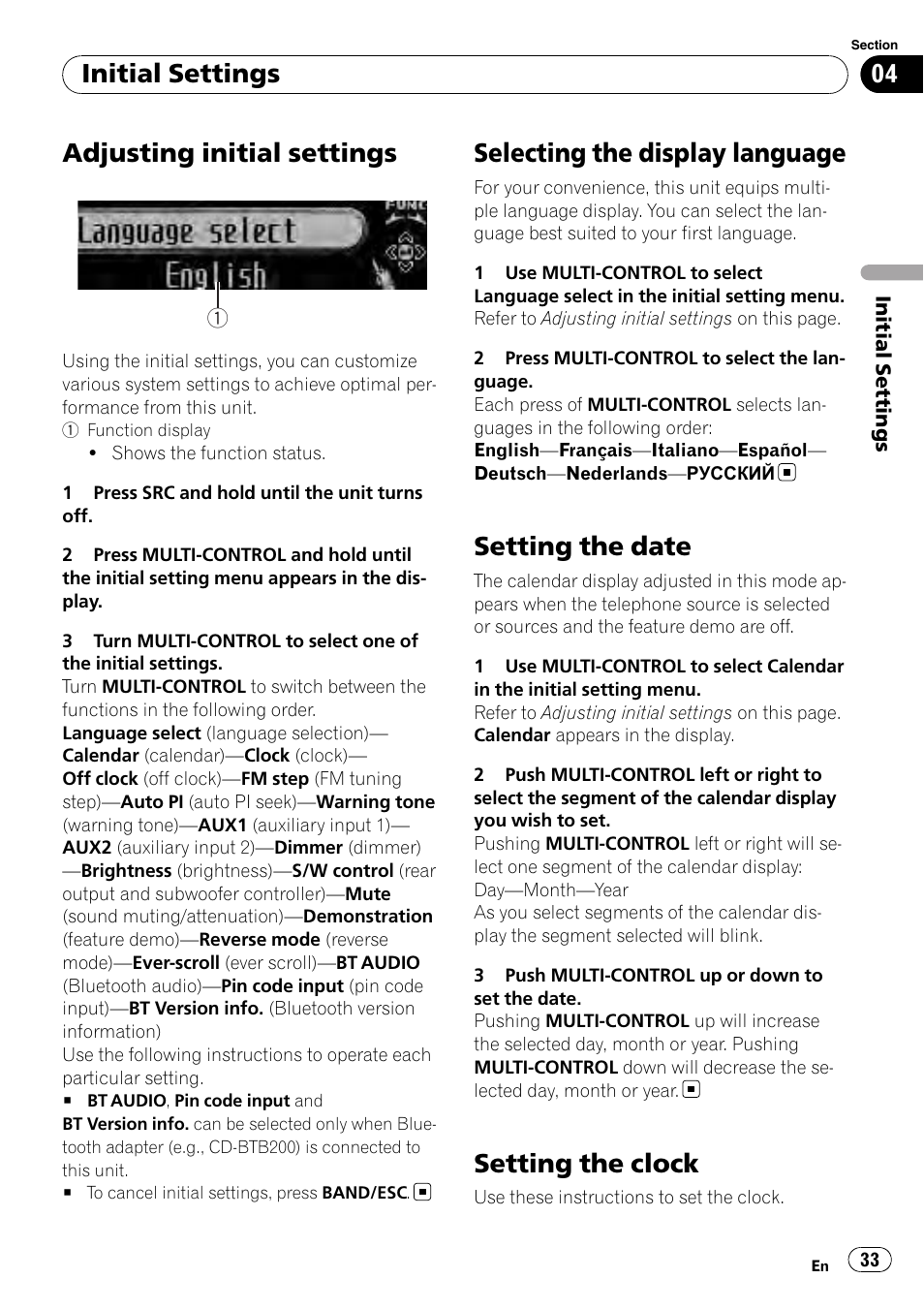 Initial settings adjusting initial settings, Selecting the display language, Setting the date | Setting the clock, Adjusting initial settings, Initial settings | Pioneer DEH-P5100UB User Manual | Page 33 / 66