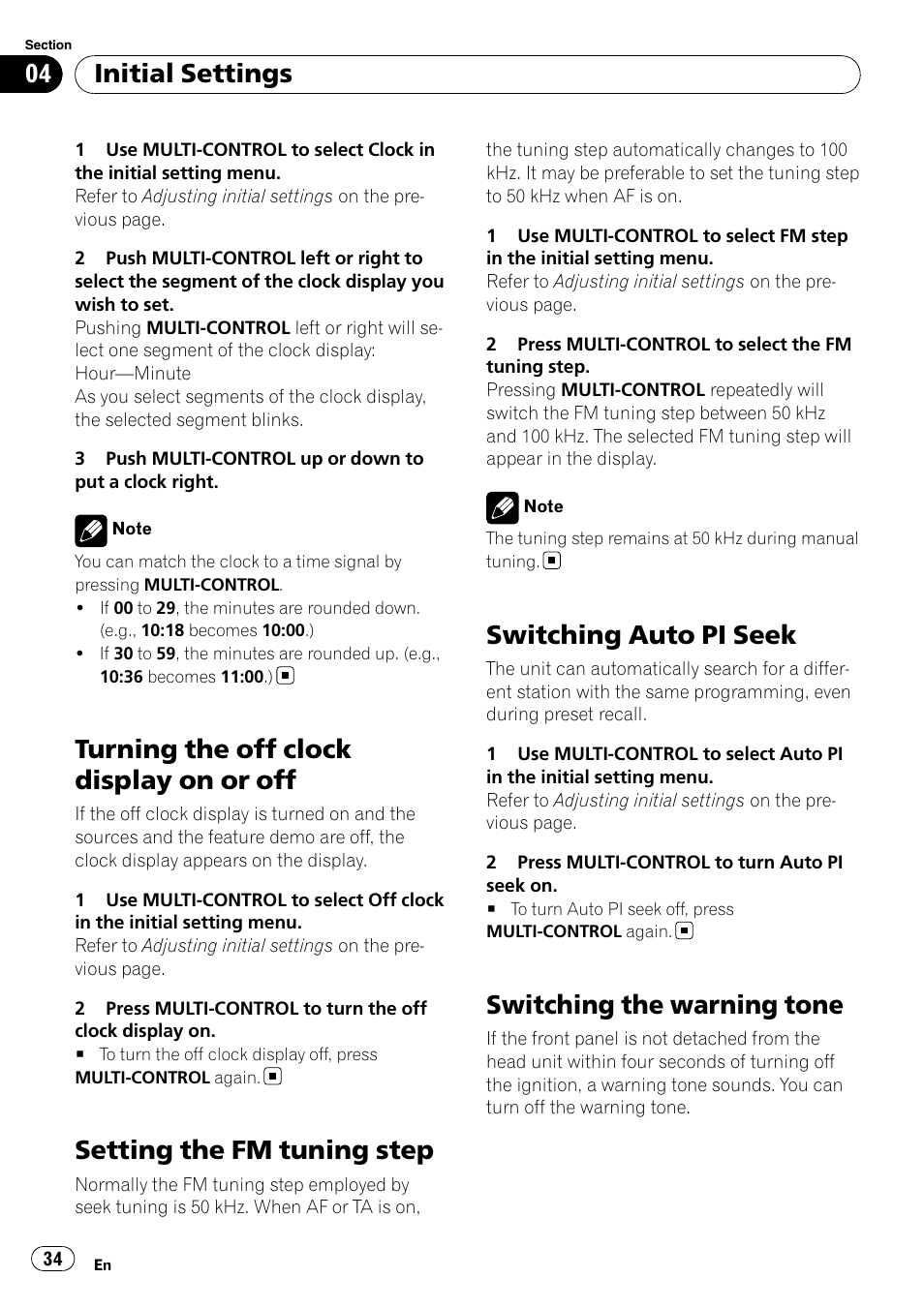 Turning the off clock display on or off, Setting the fm tuning step, Switching auto pi seek | Switching the warning tone, Initial settings | Pioneer DEH-P5100UB User Manual | Page 34 / 66
