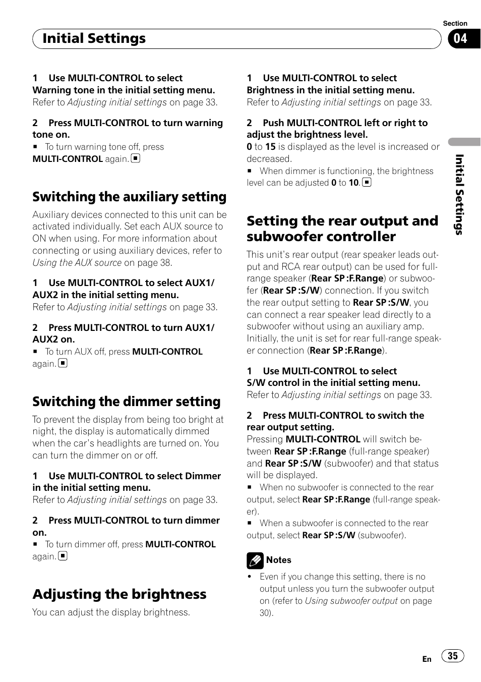 Switching the auxiliary setting, Switching the dimmer setting, Adjusting the brightness | Setting the rear output and subwoofer, Controller, Setting the rear output and subwoofer controller, Initial settings | Pioneer DEH-P5100UB User Manual | Page 35 / 66