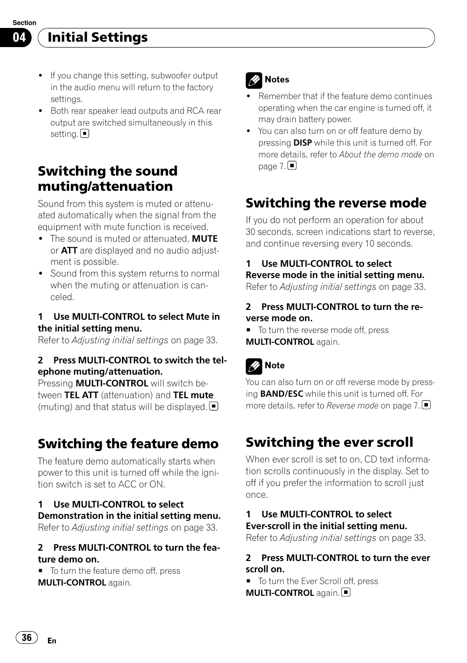 Switching the sound muting/attenuation, Switching the feature demo, Switching the reverse mode | Switching the ever scroll, Initial settings | Pioneer DEH-P5100UB User Manual | Page 36 / 66