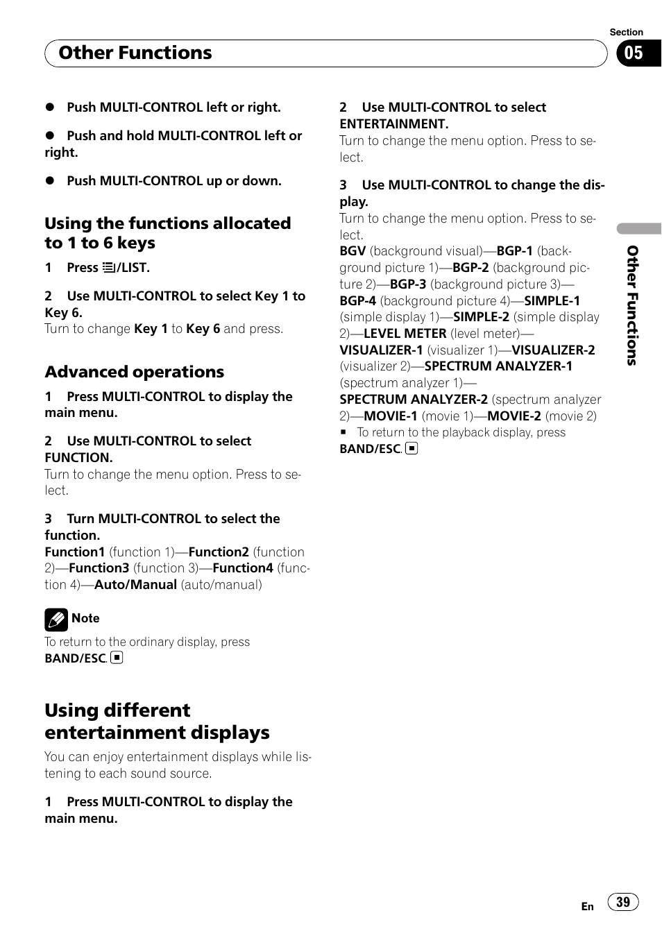 Using the functions allocated to 1 to 6, Keys, Advanced operations 39 | Using different entertainment displays, Other functions, Using the functions allocated to 1 to 6 keys, Advanced operations | Pioneer DEH-P5100UB User Manual | Page 39 / 66