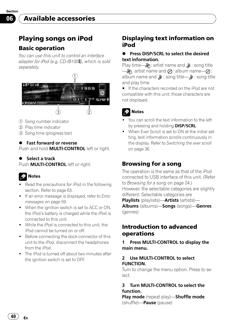 Available accessories playing songs on ipod, Basic operation 40, Displaying text information on | Ipod, Browsing for a song 40, Introduction to advanced, Operations, Playing songs on ipod, Available accessories, Basic operation | Pioneer DEH-P5100UB User Manual | Page 40 / 66