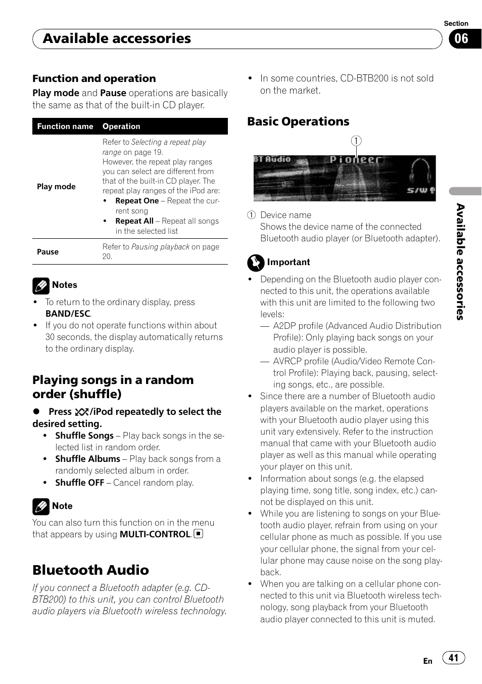 Playing songs in a random order, Shuffle), Bluetooth audio | Basic operations 41, Available accessories, Playing songs in a random order (shuffle), Basic operations | Pioneer DEH-P5100UB User Manual | Page 41 / 66
