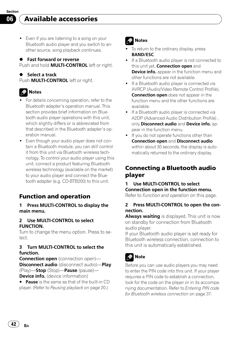 Function and operation 42, Connecting a bluetooth audio, Player | Available accessories, Function and operation, Connecting a bluetooth audio player | Pioneer DEH-P5100UB User Manual | Page 42 / 66