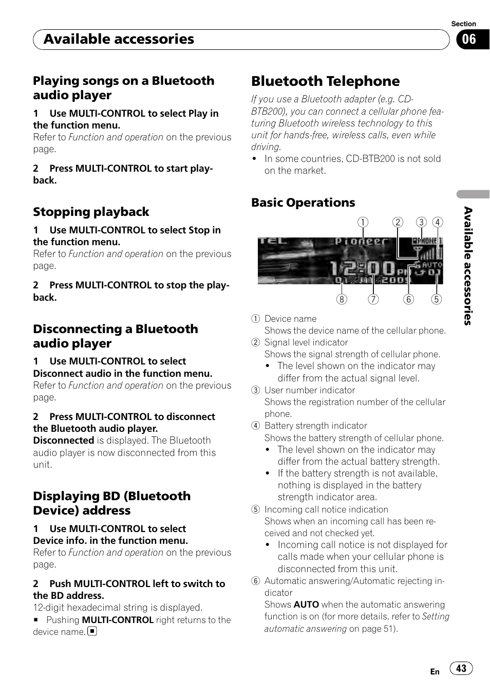 Playing songs on a bluetooth audio, Player, Stopping playback 43 | Disconnecting a bluetooth audio, Displaying bd (bluetooth device), Address, Bluetooth telephone, Basic operations 43, Available accessories, Playing songs on a bluetooth audio player | Pioneer DEH-P5100UB User Manual | Page 43 / 66