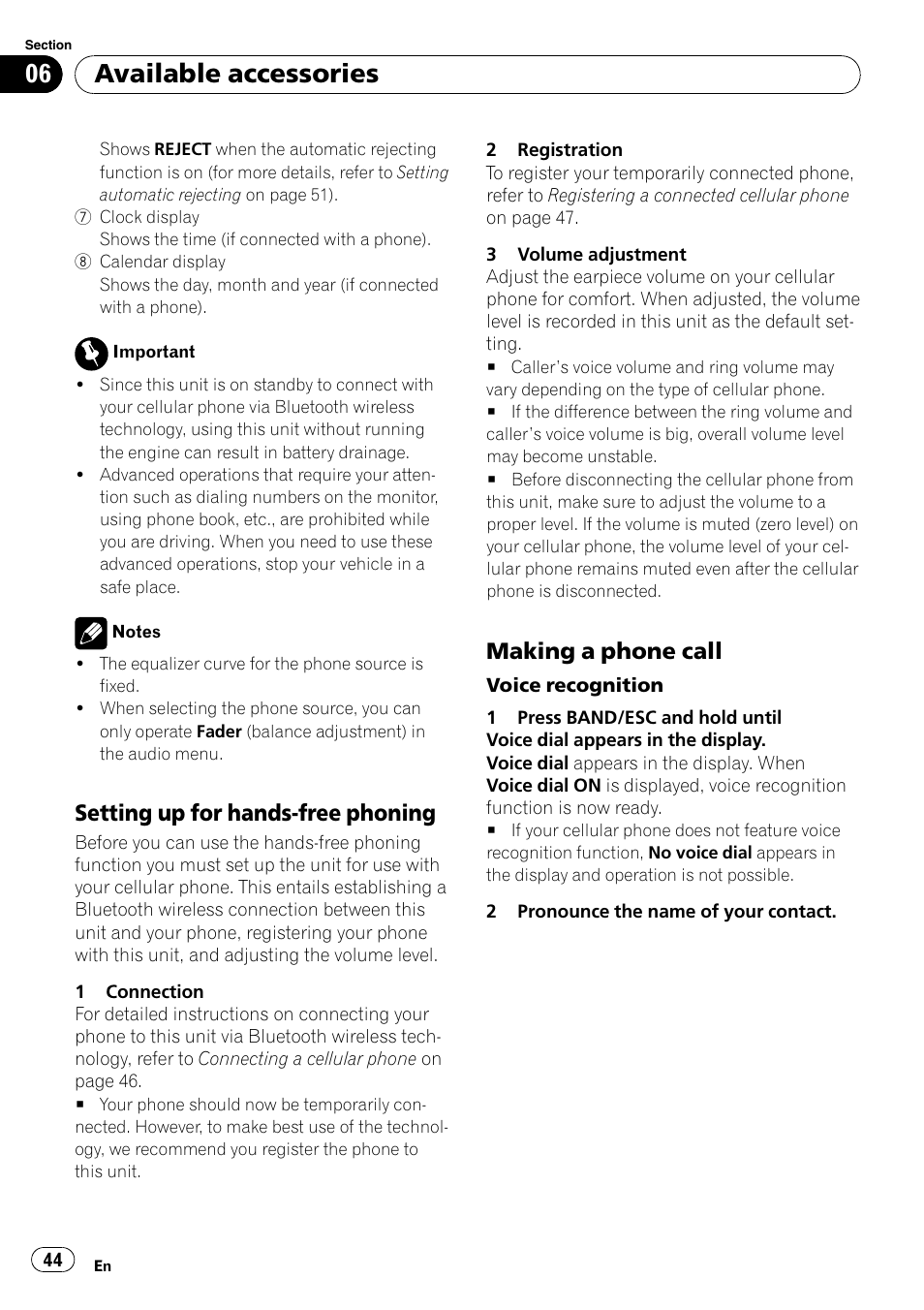 Setting up for hands-free phoning 44, Making a phone call 44, Available accessories | Setting up for hands-free phoning, Making a phone call | Pioneer DEH-P5100UB User Manual | Page 44 / 66