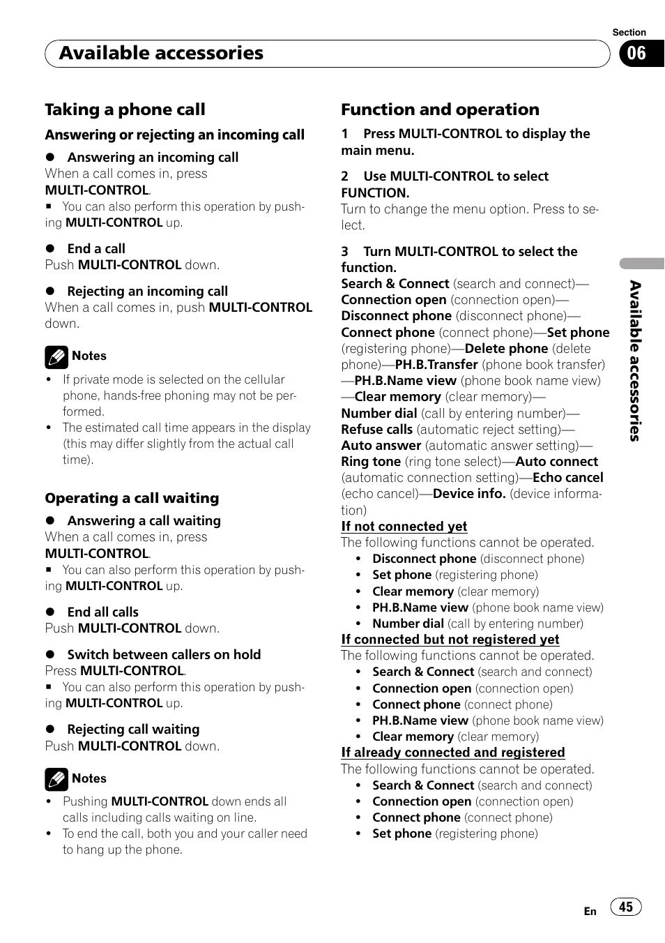 Taking a phone call 45, Function and operation 45, Available accessories | Taking a phone call, Function and operation | Pioneer DEH-P5100UB User Manual | Page 45 / 66